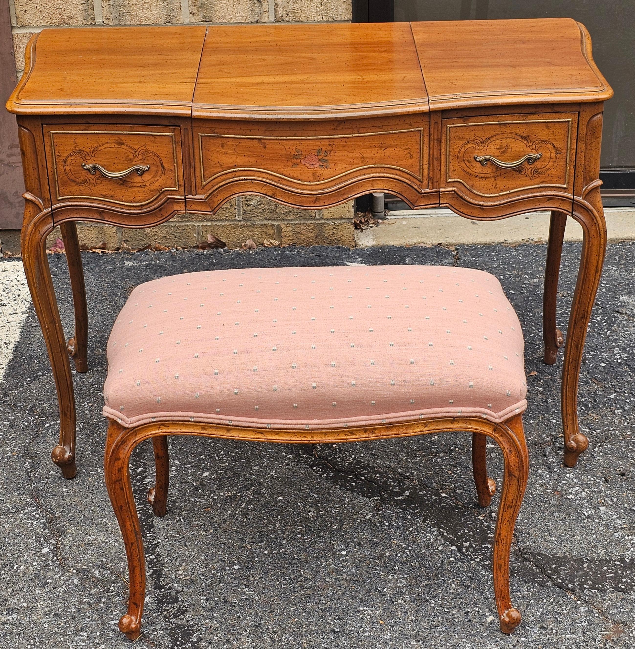 Drexel French Provincial Style Walnut Mirrored Vanity Table with Bench For Sale 4