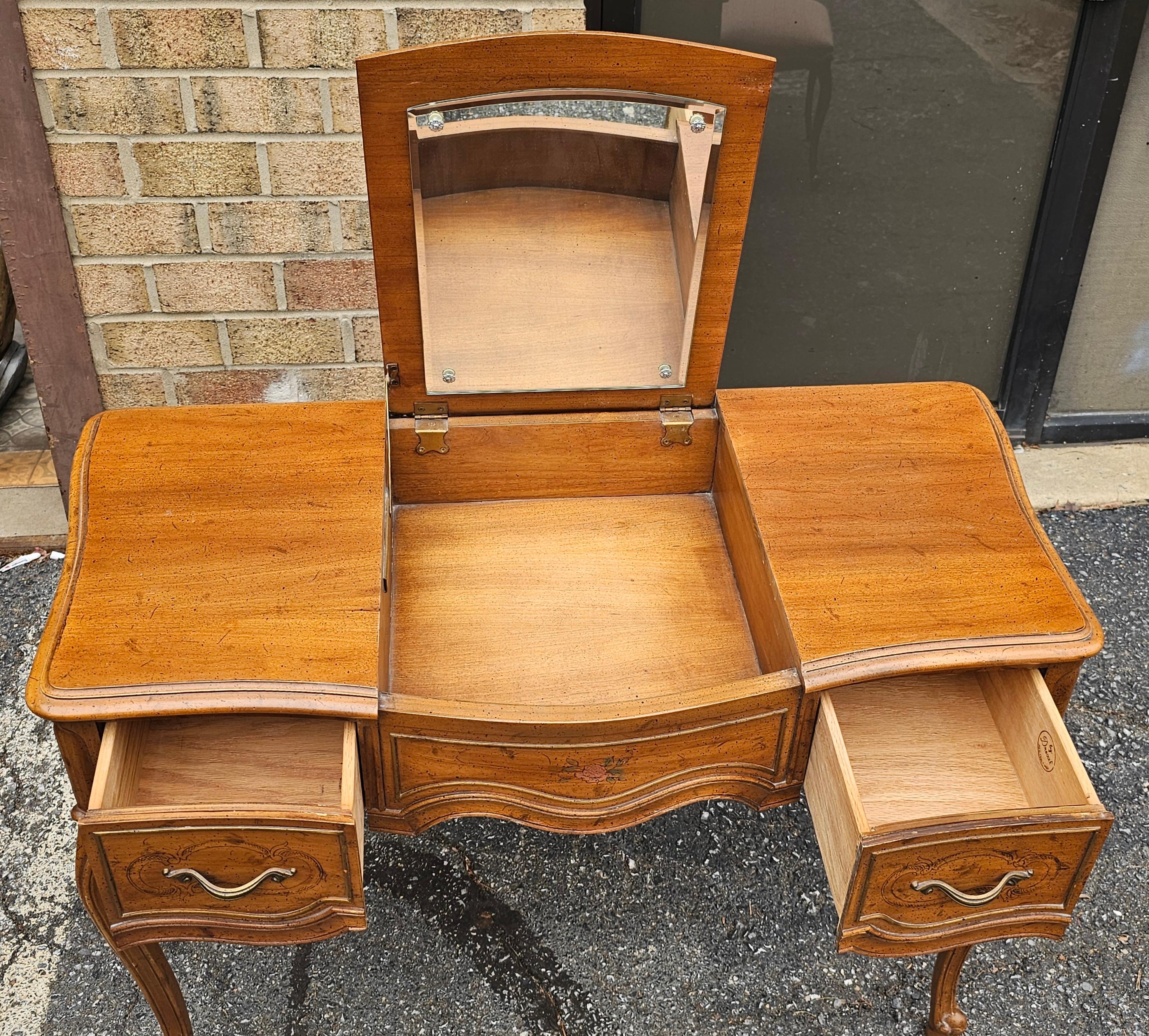 American Drexel French Provincial Style Walnut Mirrored Vanity Table with Bench For Sale