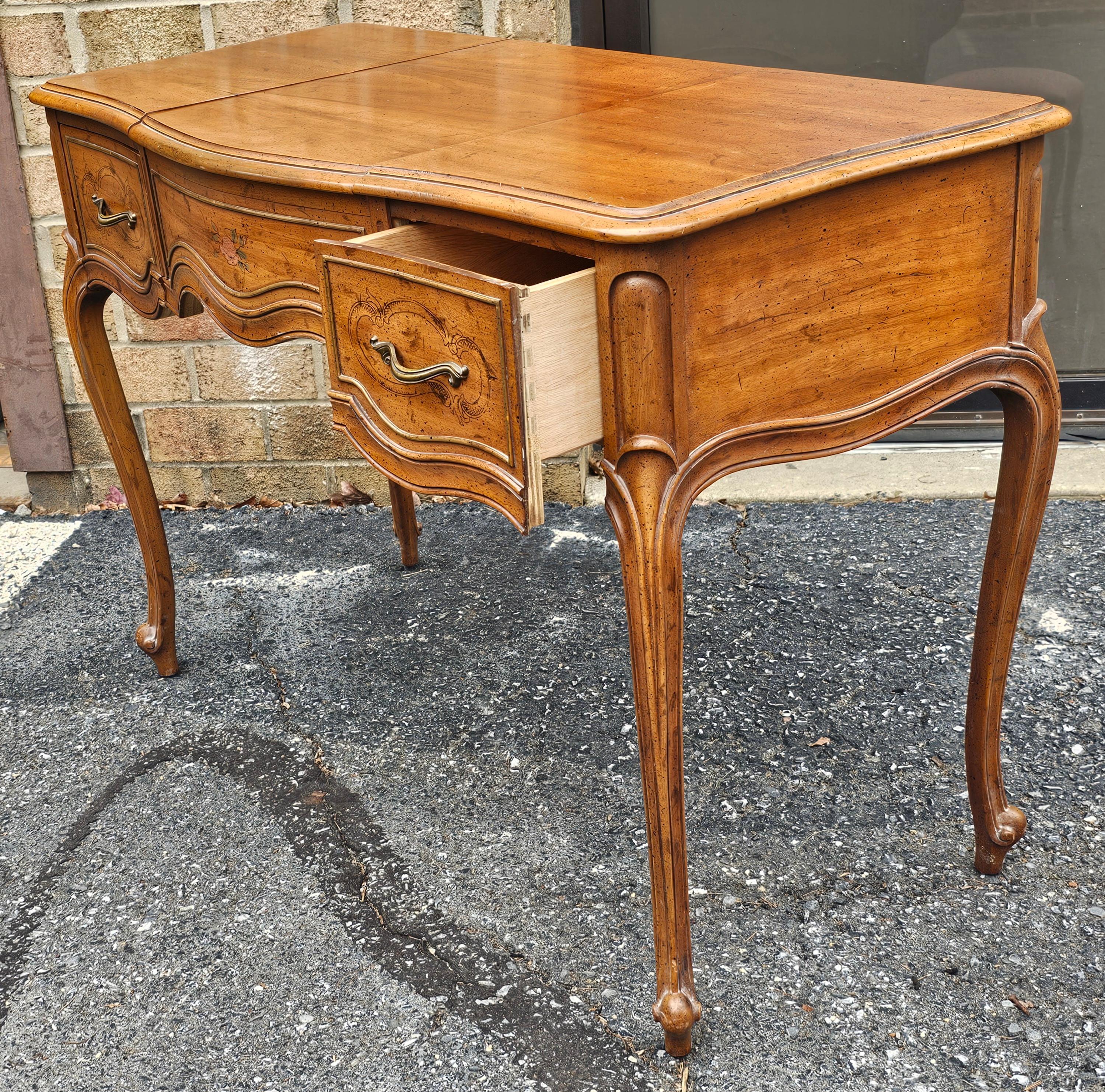 Brass Drexel French Provincial Style Walnut Mirrored Vanity Table with Bench For Sale