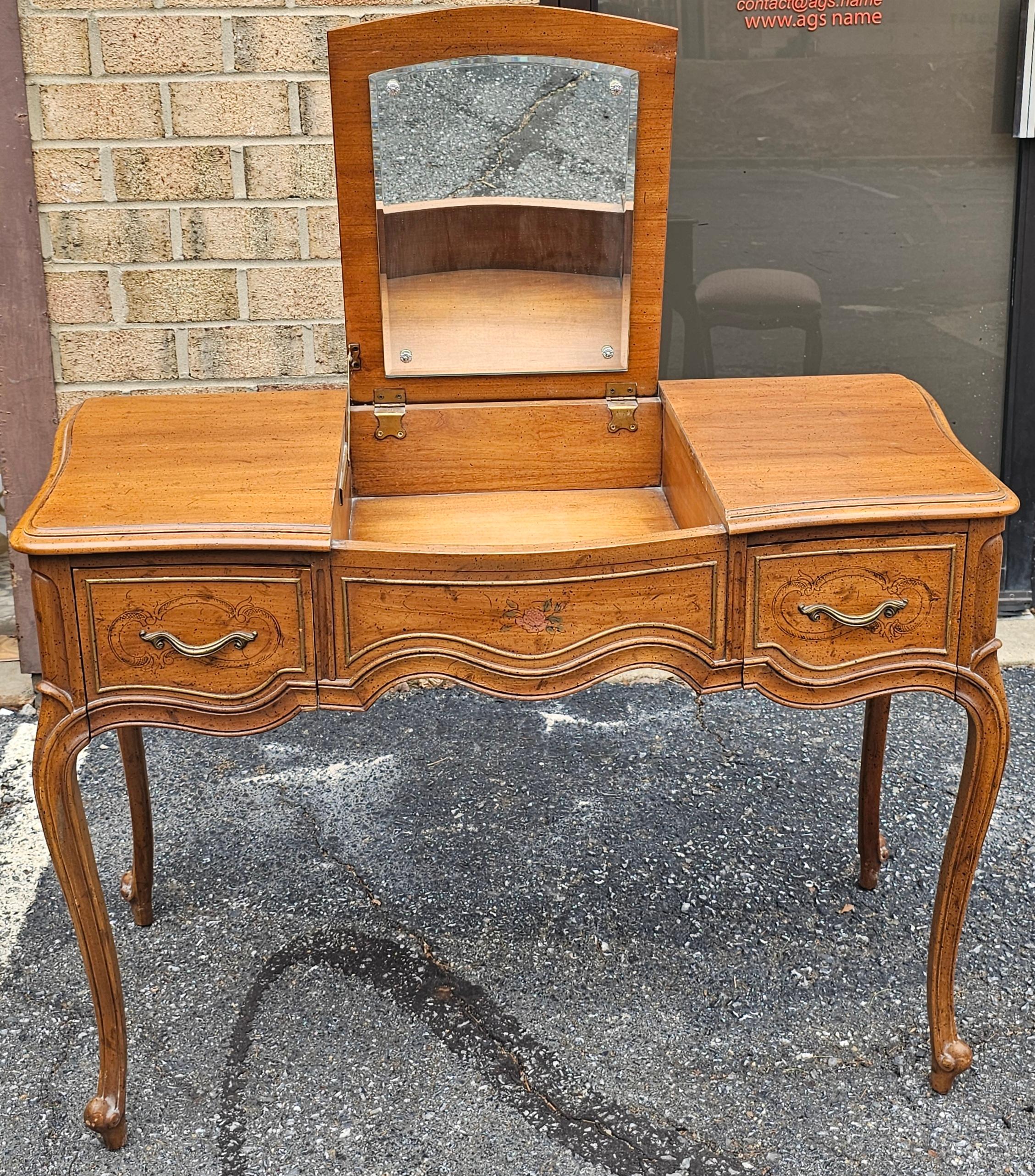 Drexel French Provincial Style Walnut Mirrored Vanity Table with Bench For Sale 1