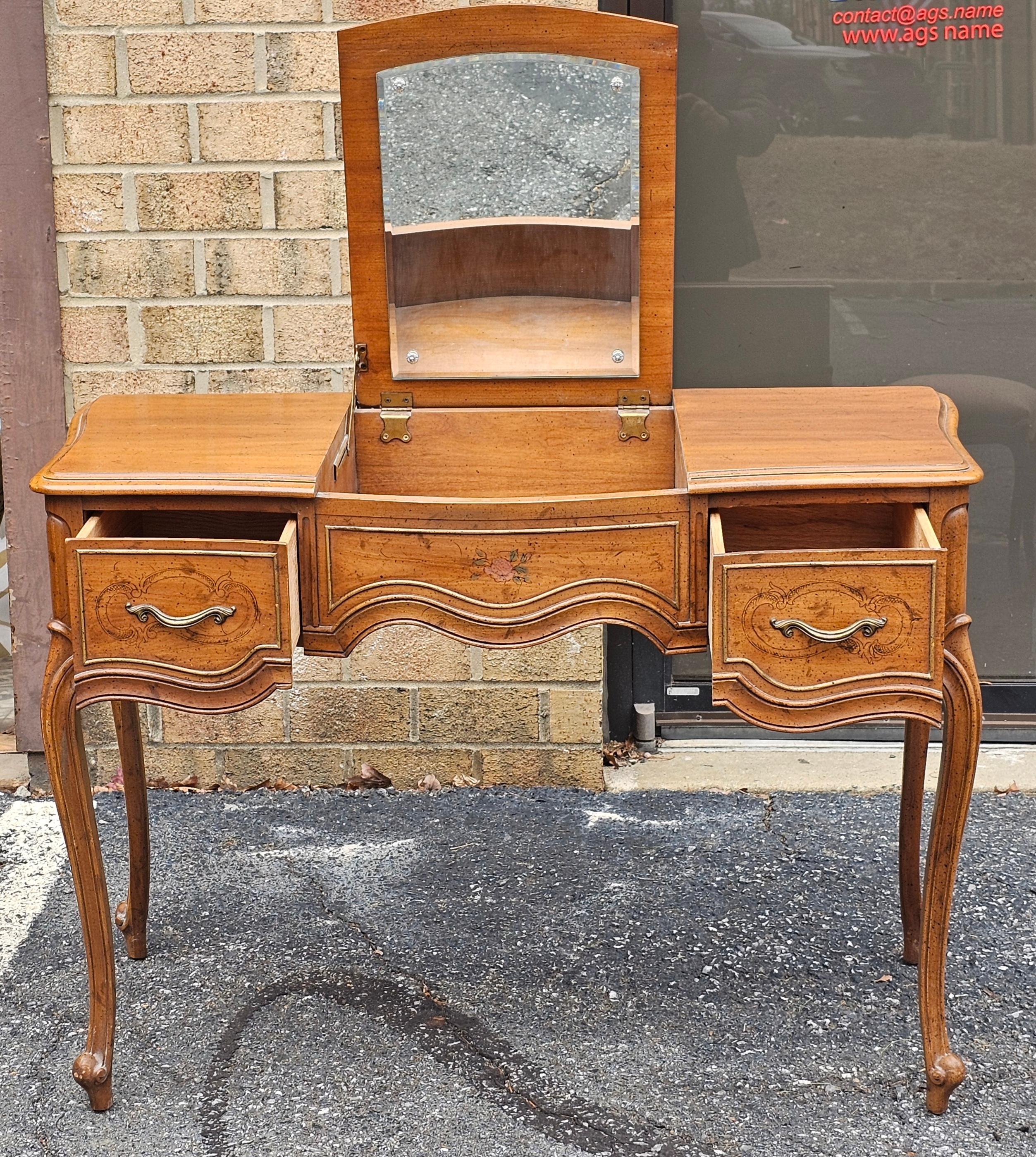 Drexel French Provincial Style Walnut Mirrored Vanity Table with Bench For Sale 2