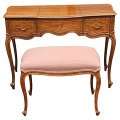 Drexel French Provincial Style Walnut Mirrored Vanity Table with Bench