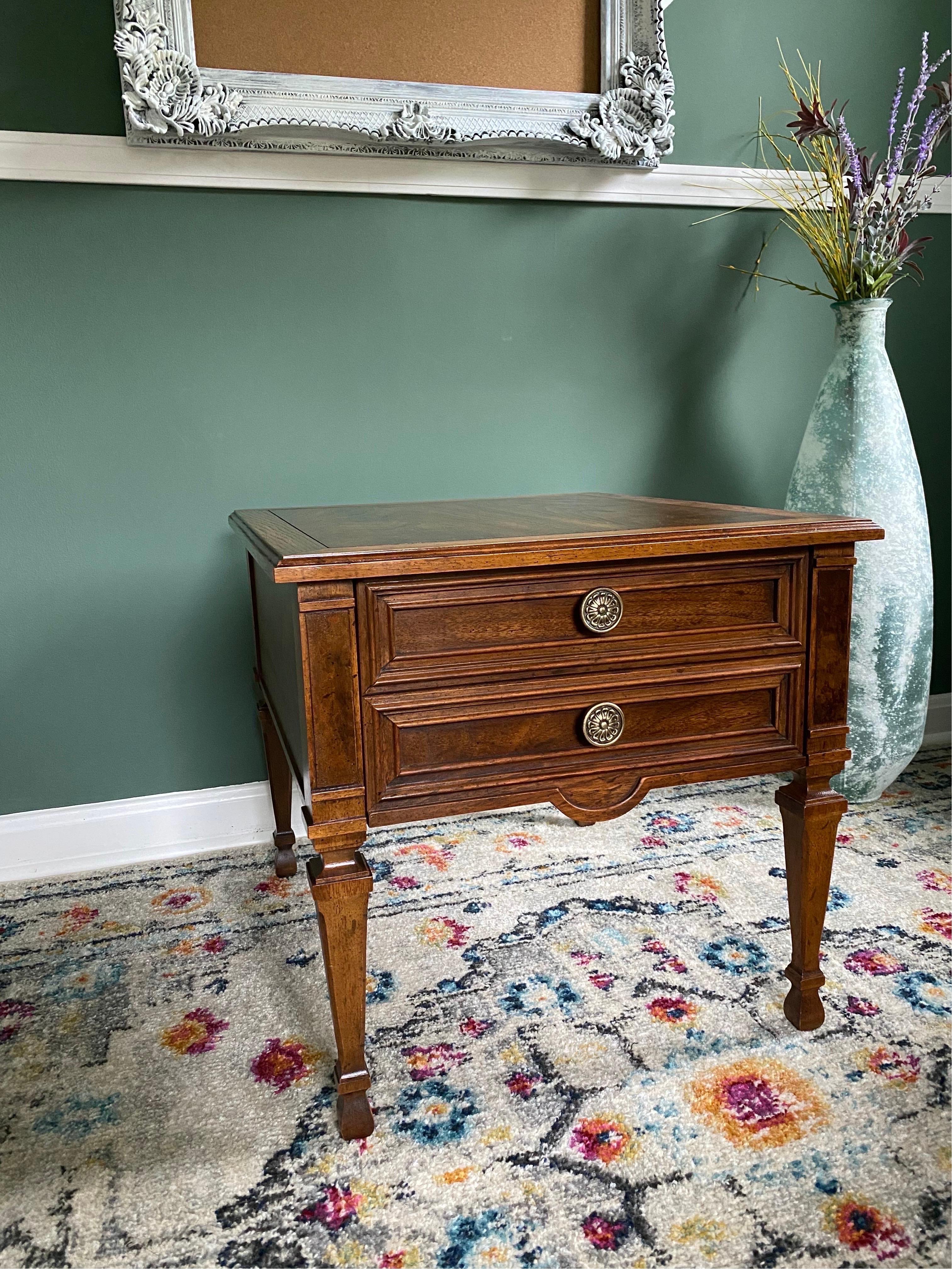 Gorgeous 1960s Drexel Francesca Collection 392-324-3 with Walnut wood and burl wood in-lay pieces on the front legs.