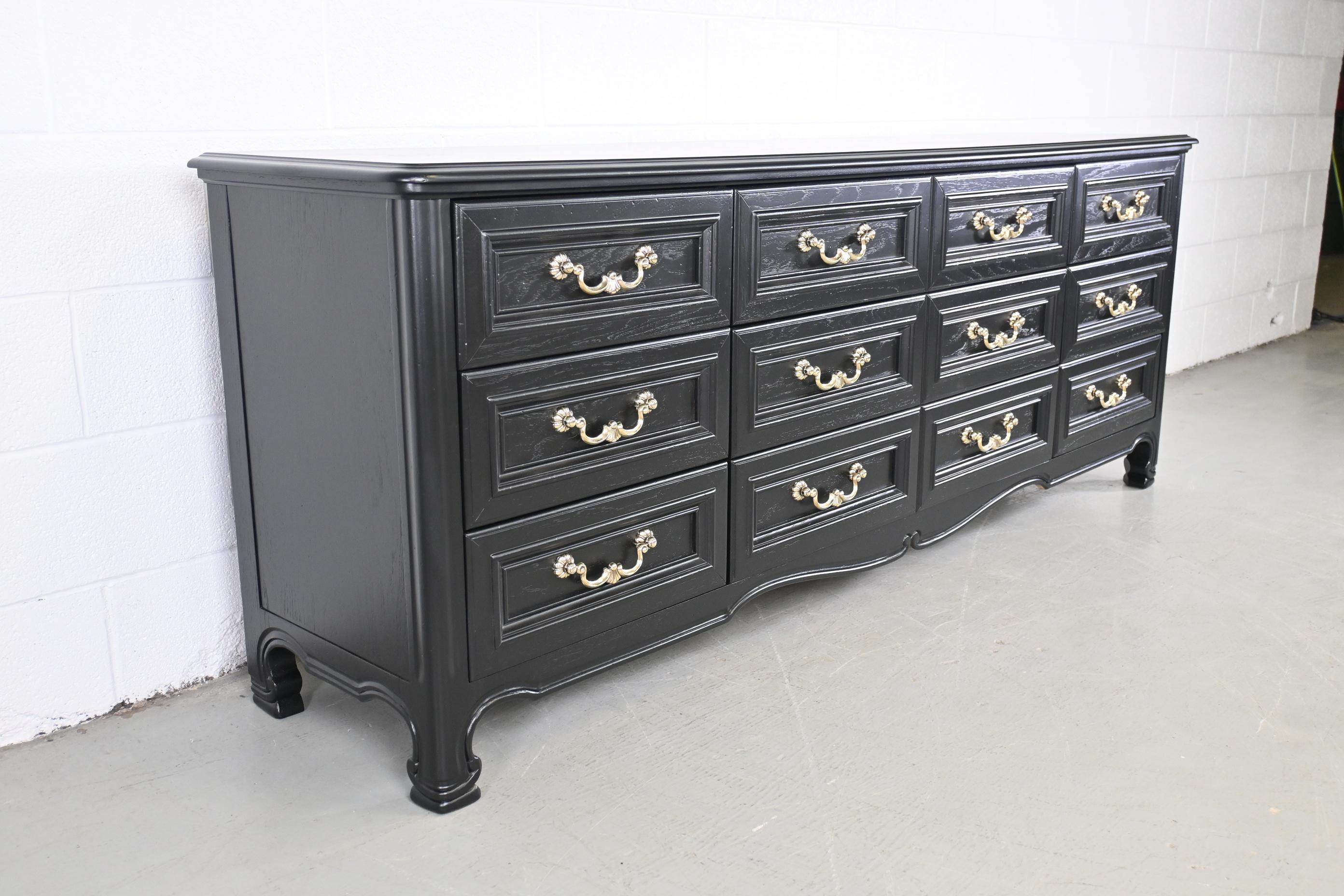 French Provincial Drexel Furniture French Country Black Lacquered Long Dresser For Sale