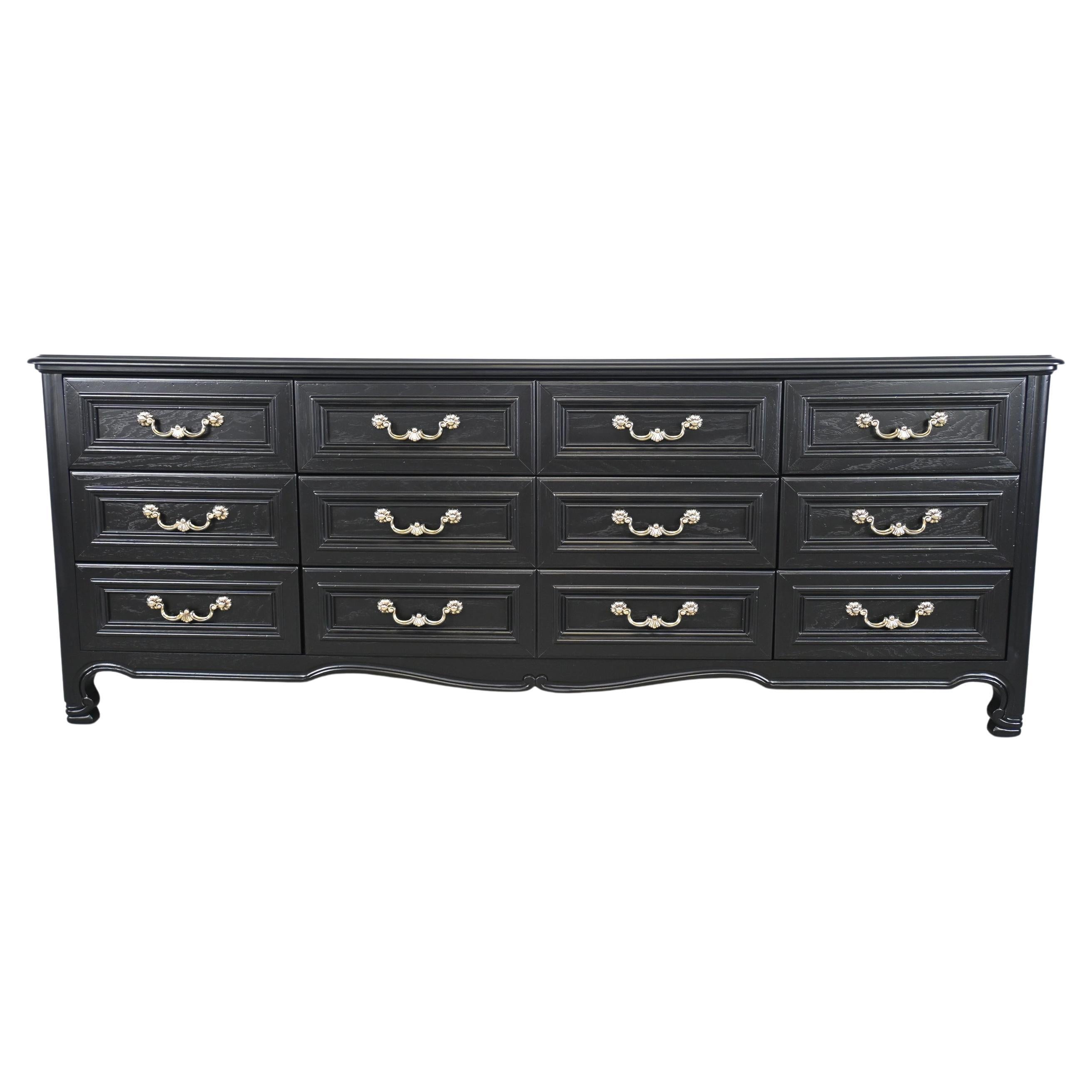 Drexel Furniture French Country Black Lacquered Long Dresser For Sale