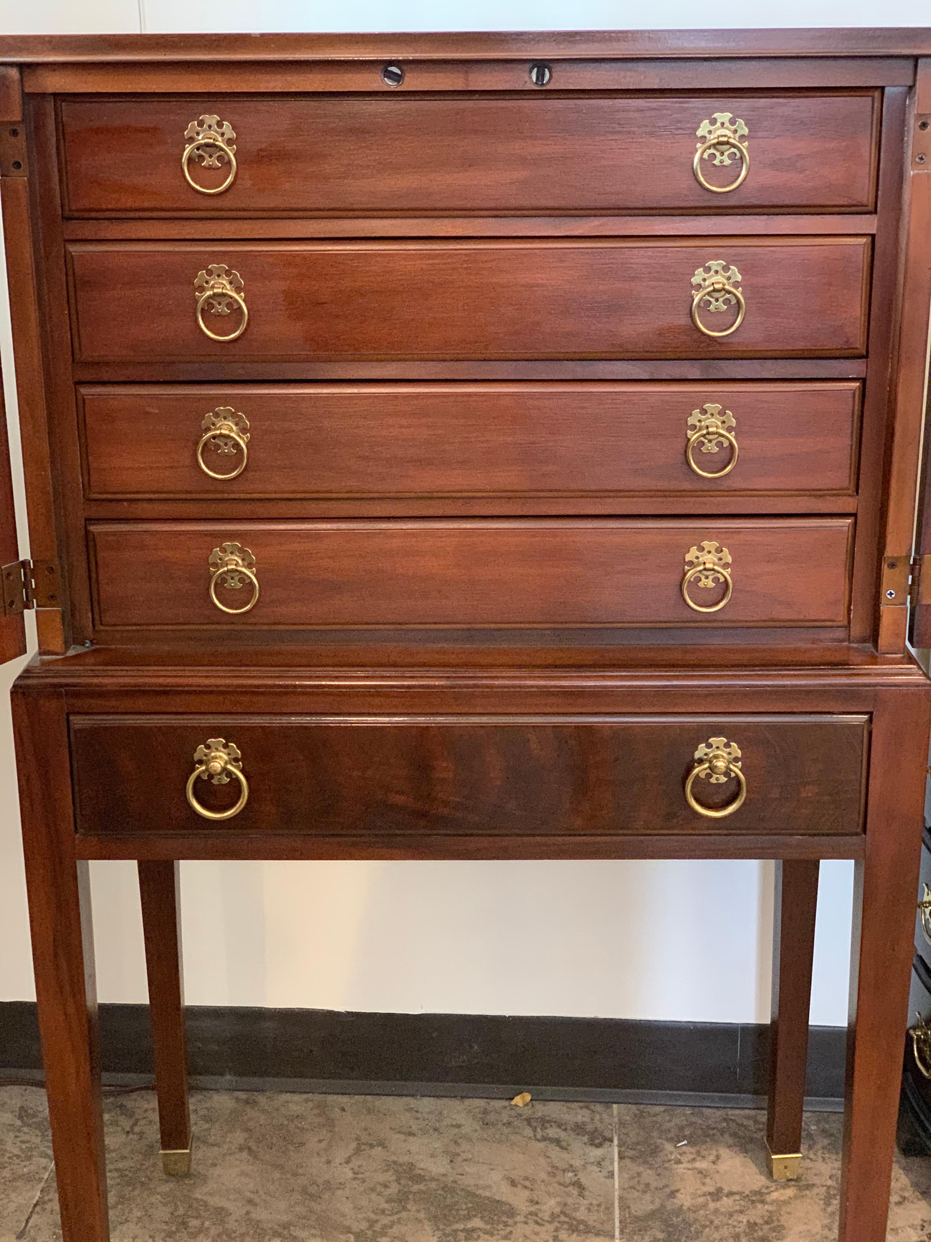 Drexel Furniture Mahogany Inlay Silverware Chest Cabinet on Legs In Good Condition In West Hartford, CT