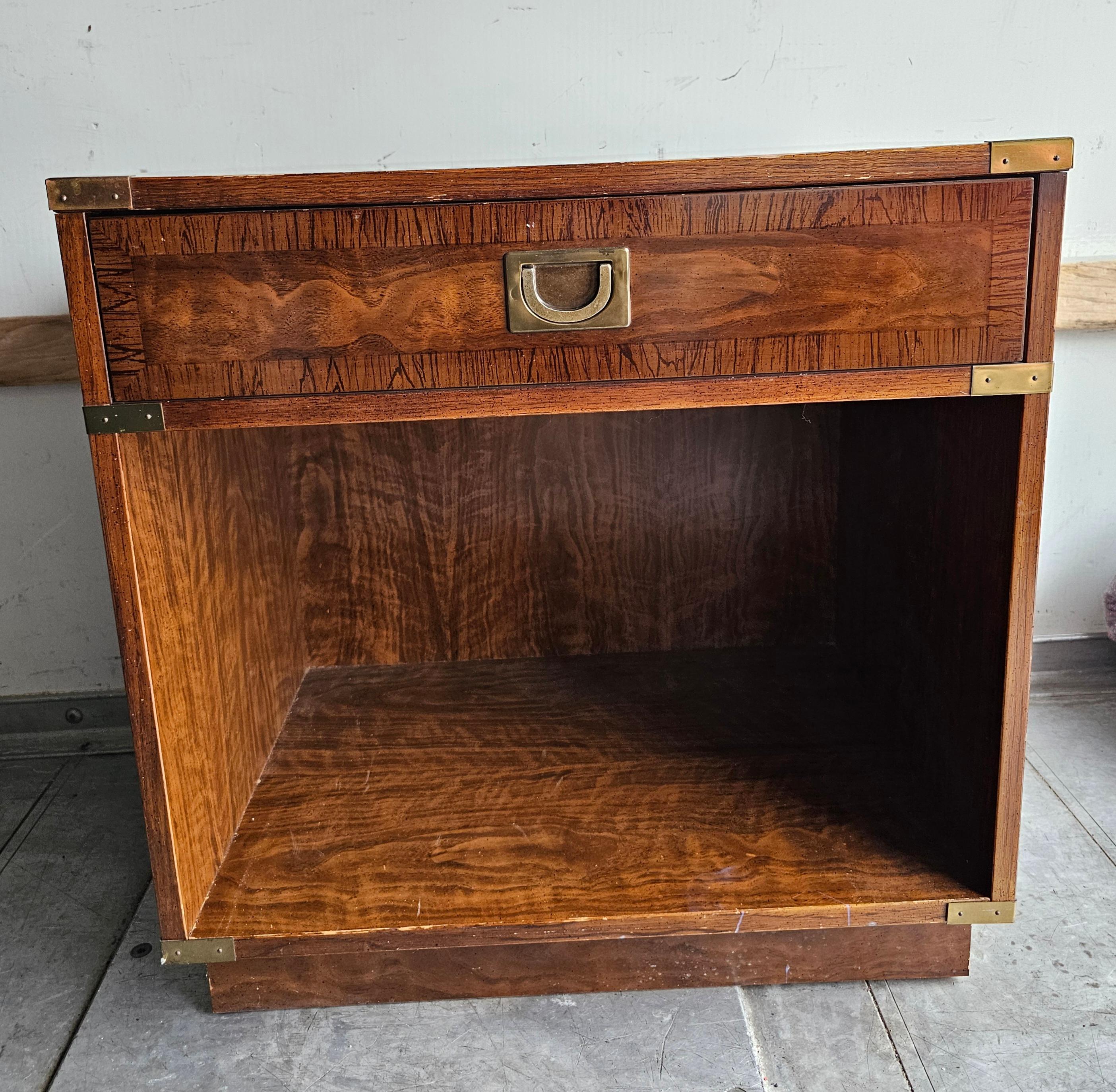 Laminated Drexel Furniture Mid-Century Campaign Style Bedside Table For Sale