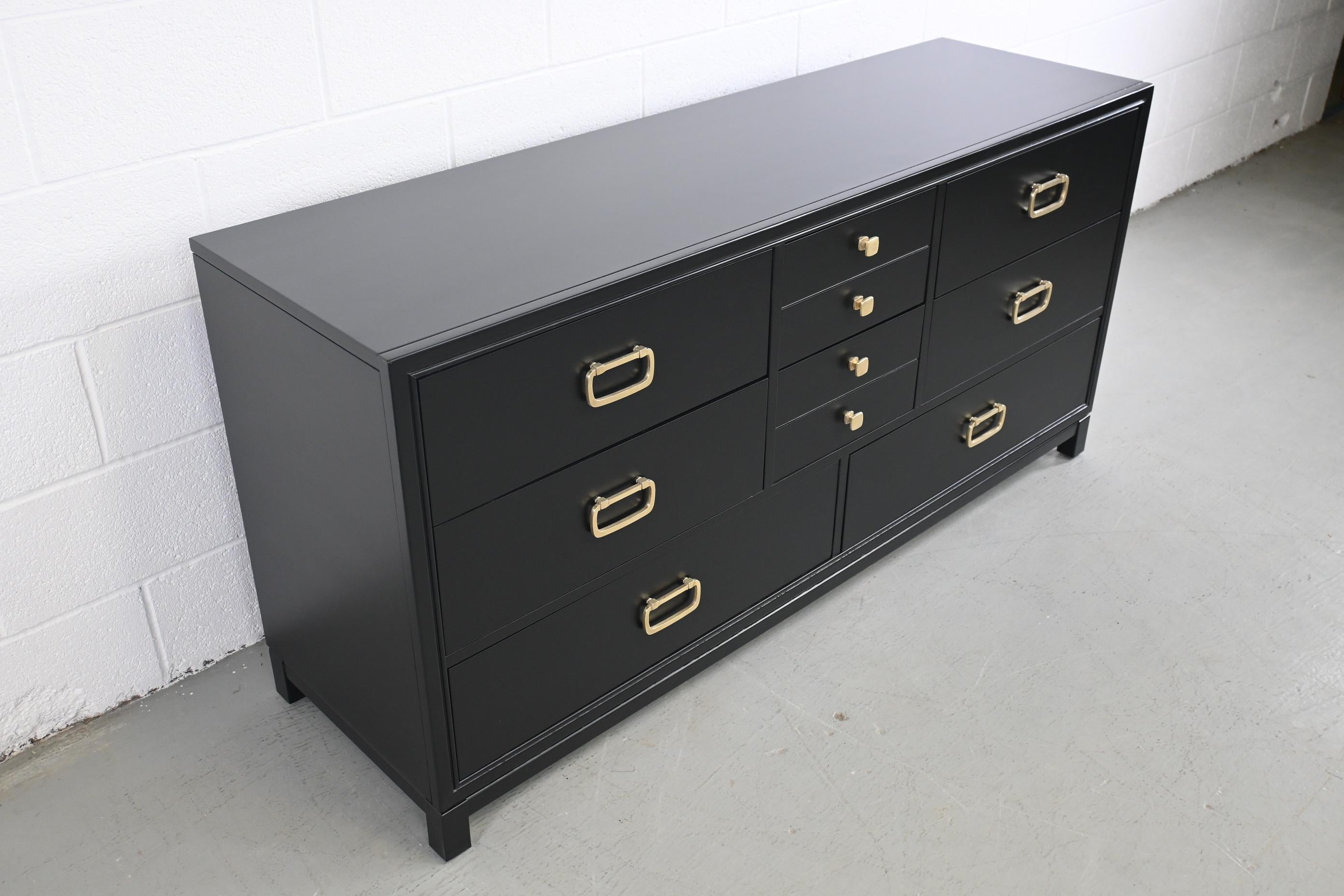 American Drexel Furniture Mid-Century Modern Black Lacquered Dresser with Brass Hardware For Sale
