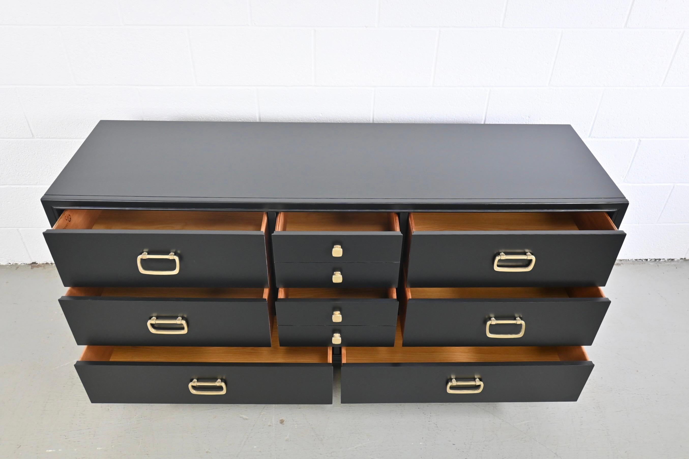 Wood Drexel Furniture Mid-Century Modern Black Lacquered Dresser with Brass Hardware For Sale