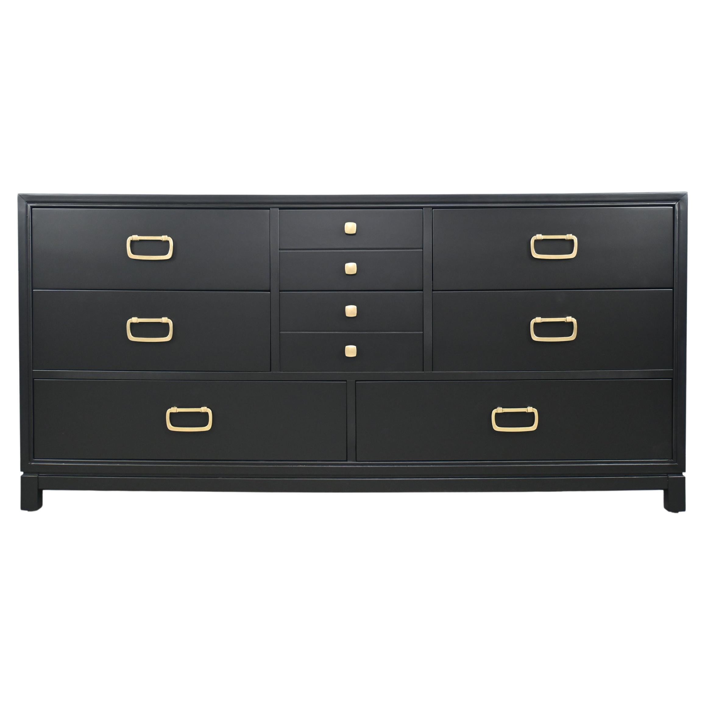 Drexel Furniture Mid-Century Modern Black Lacquered Dresser with Brass Hardware For Sale