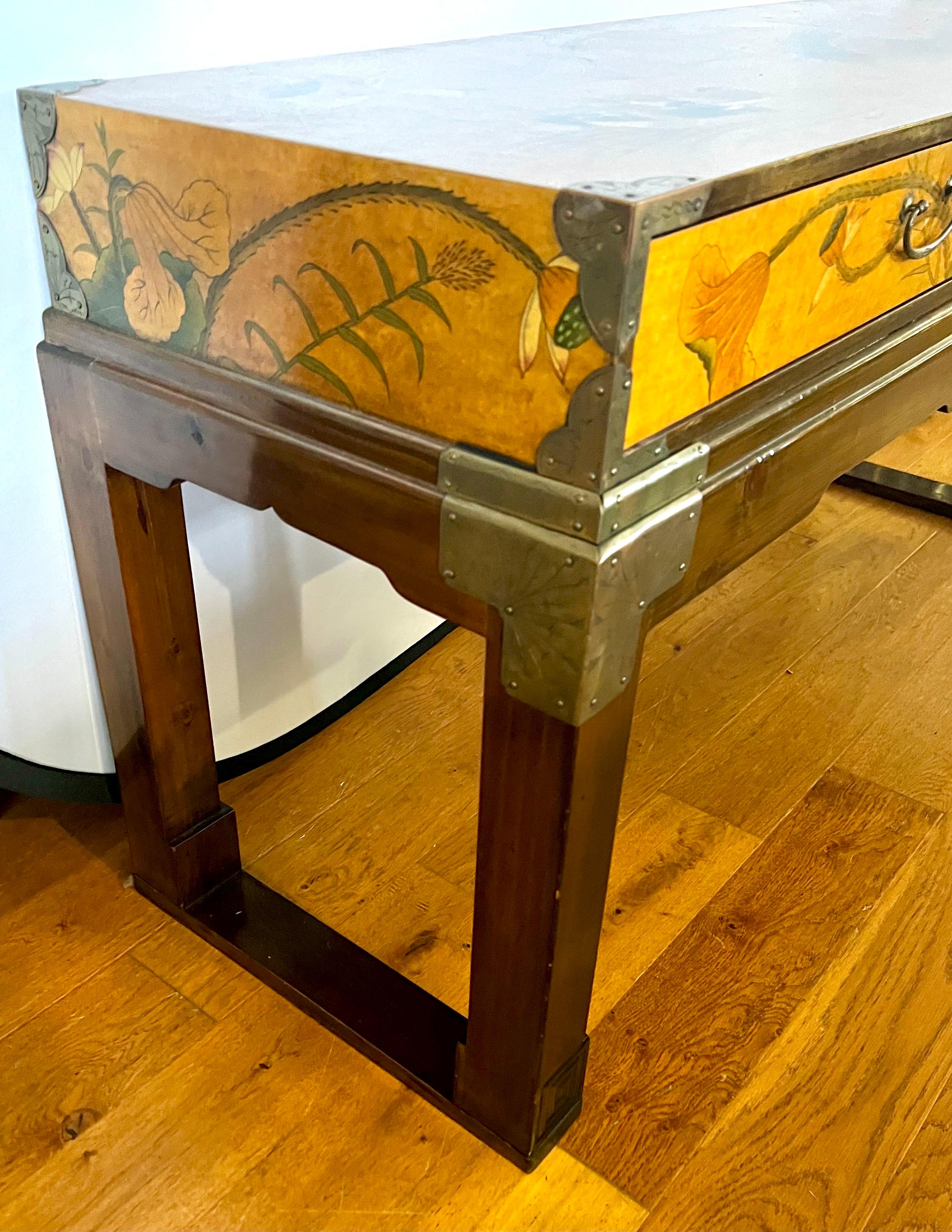 Drexel Furniture Mid Century Modern Campaign Style Chinoiserie Console Table In Good Condition In West Hartford, CT