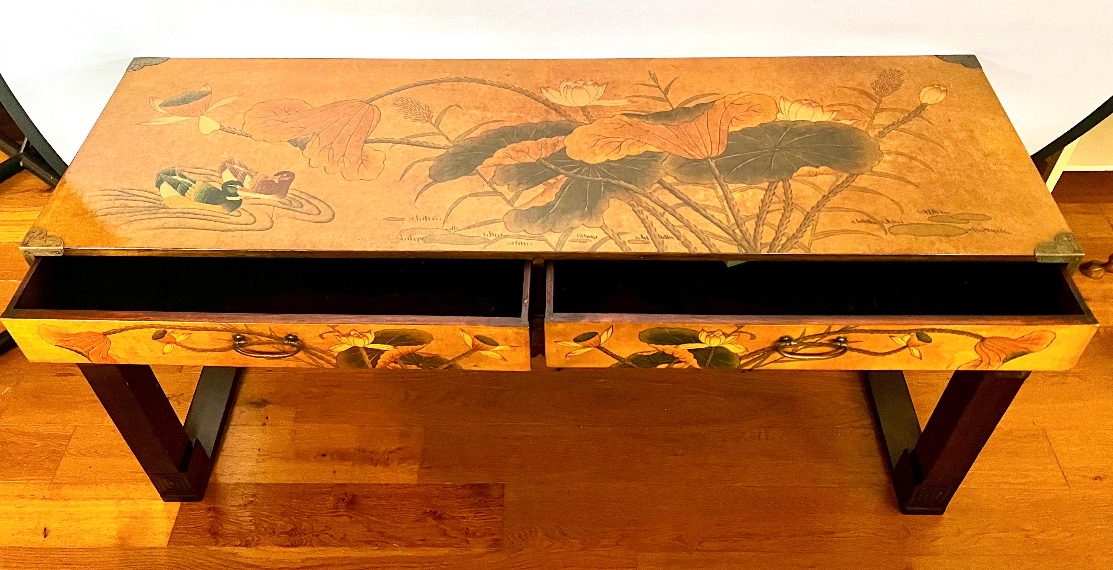Brass Drexel Furniture Mid Century Modern Campaign Style Chinoiserie Console Table