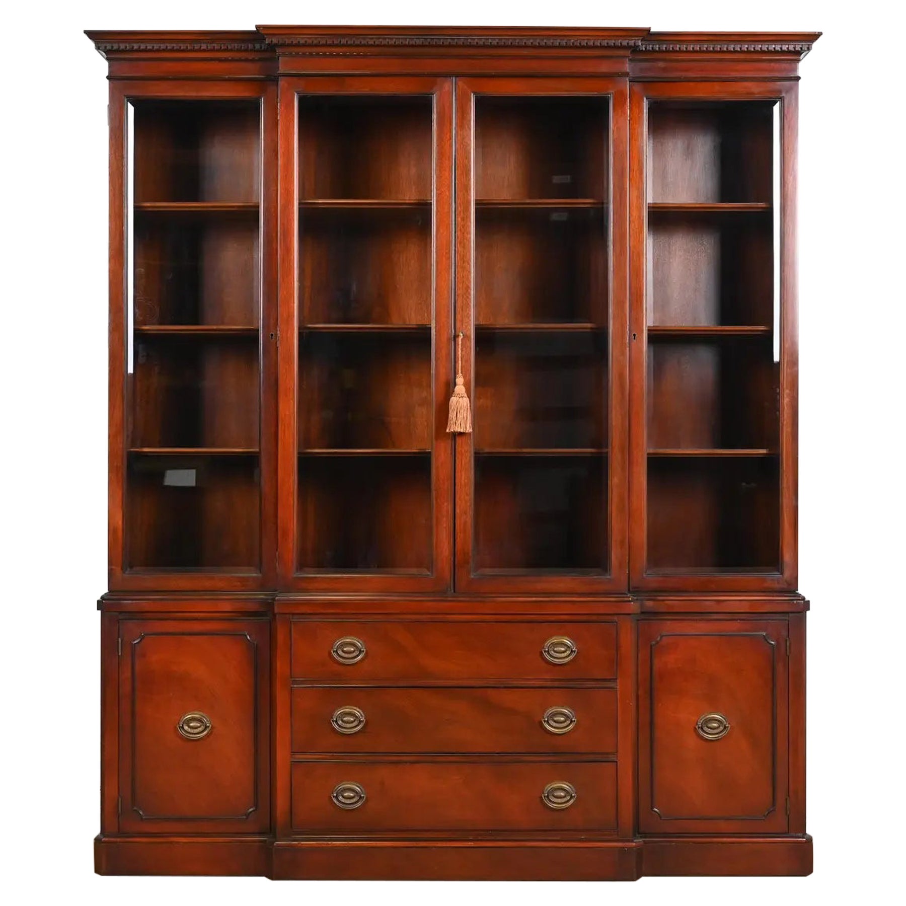 Drexel Georgian Carved Mahogany Breakfront Bookcase Cabinet, 1950s