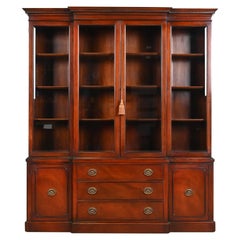 Drexel Georgian Mahogany Sculptured Breakfront Bookcase Cabinet, 1950s