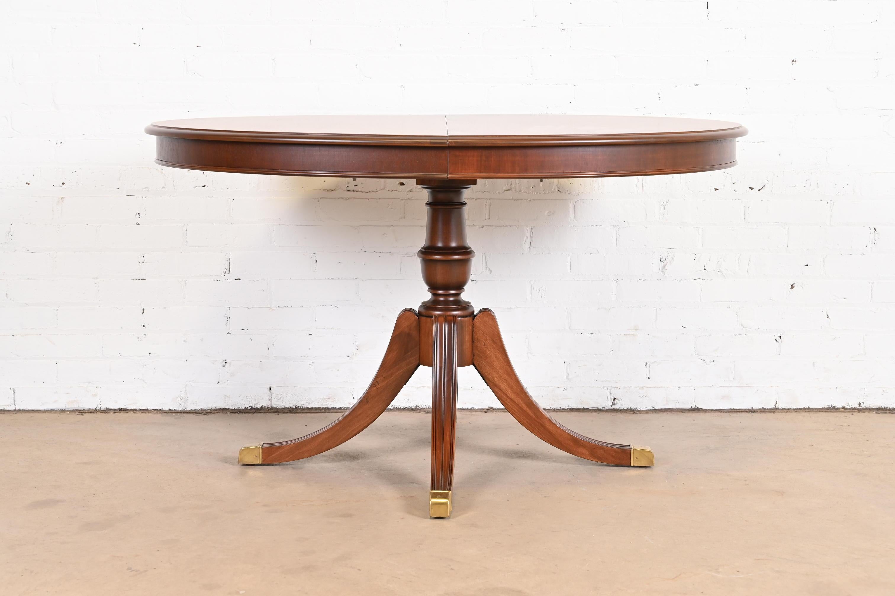 American Drexel Georgian Mahogany Pedestal Extension Dining Table, Newly Refinished