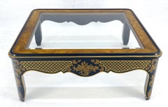 Drexel Gold Paint & Black Lacquer Base Burl Wood & Glass Top Coffee Table MINT