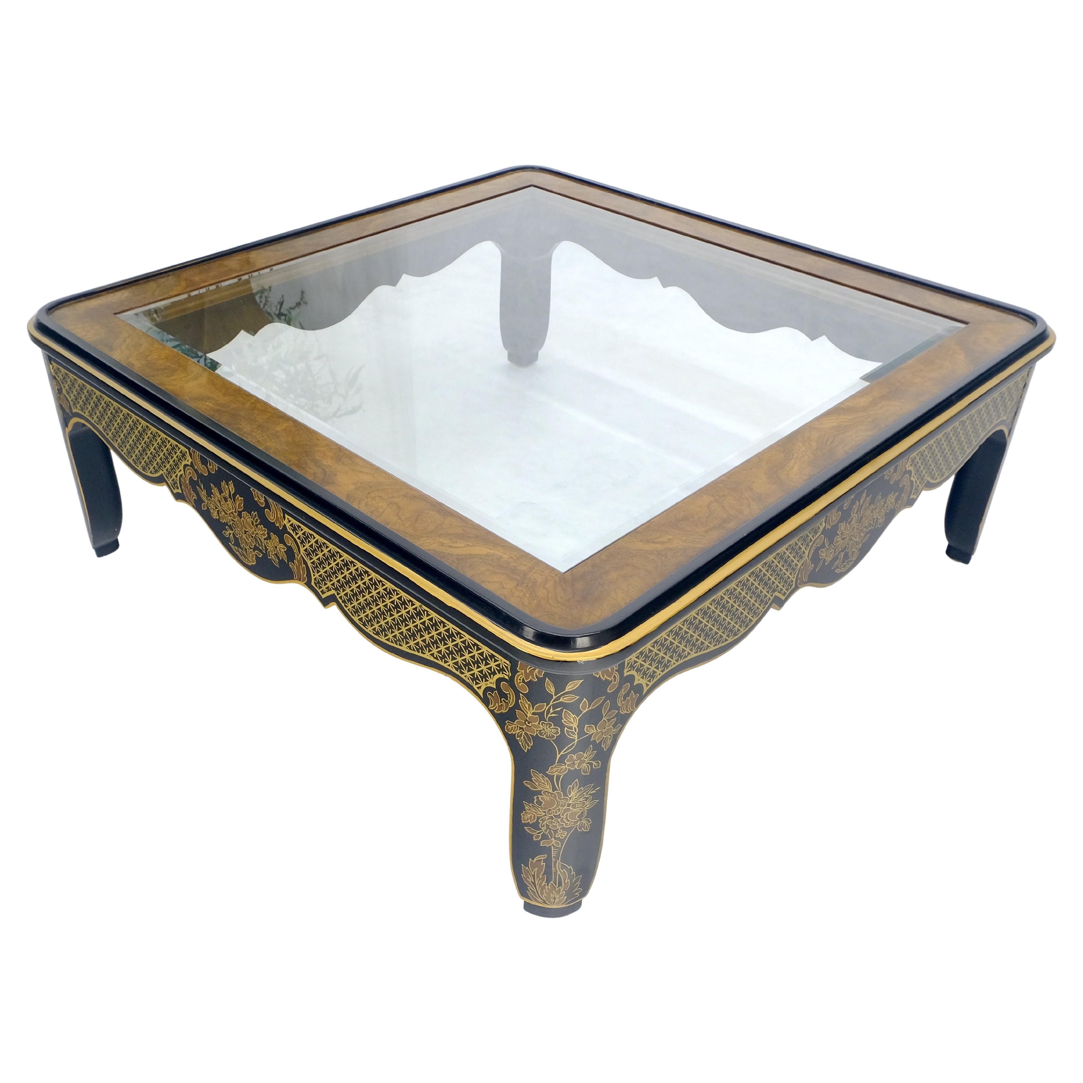 Drexel Gold Paint 
Black Lacquer Base Burl Wood 
Glass Top Coffee Table MINT For Sale