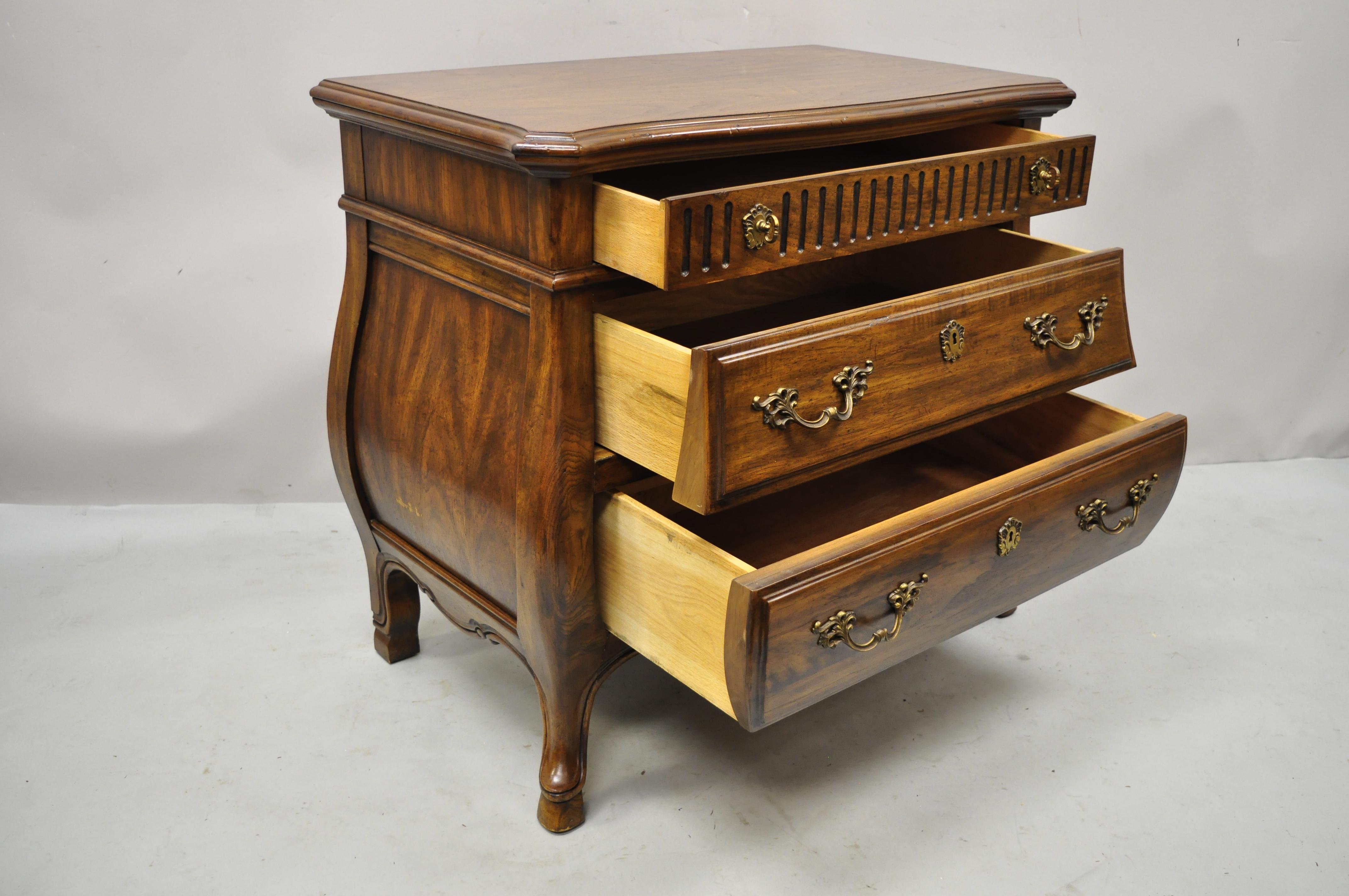 Louis XV Drexel Grand Villa 3 Drawer Oak Bombe Commode Chest Nightstand Dresser