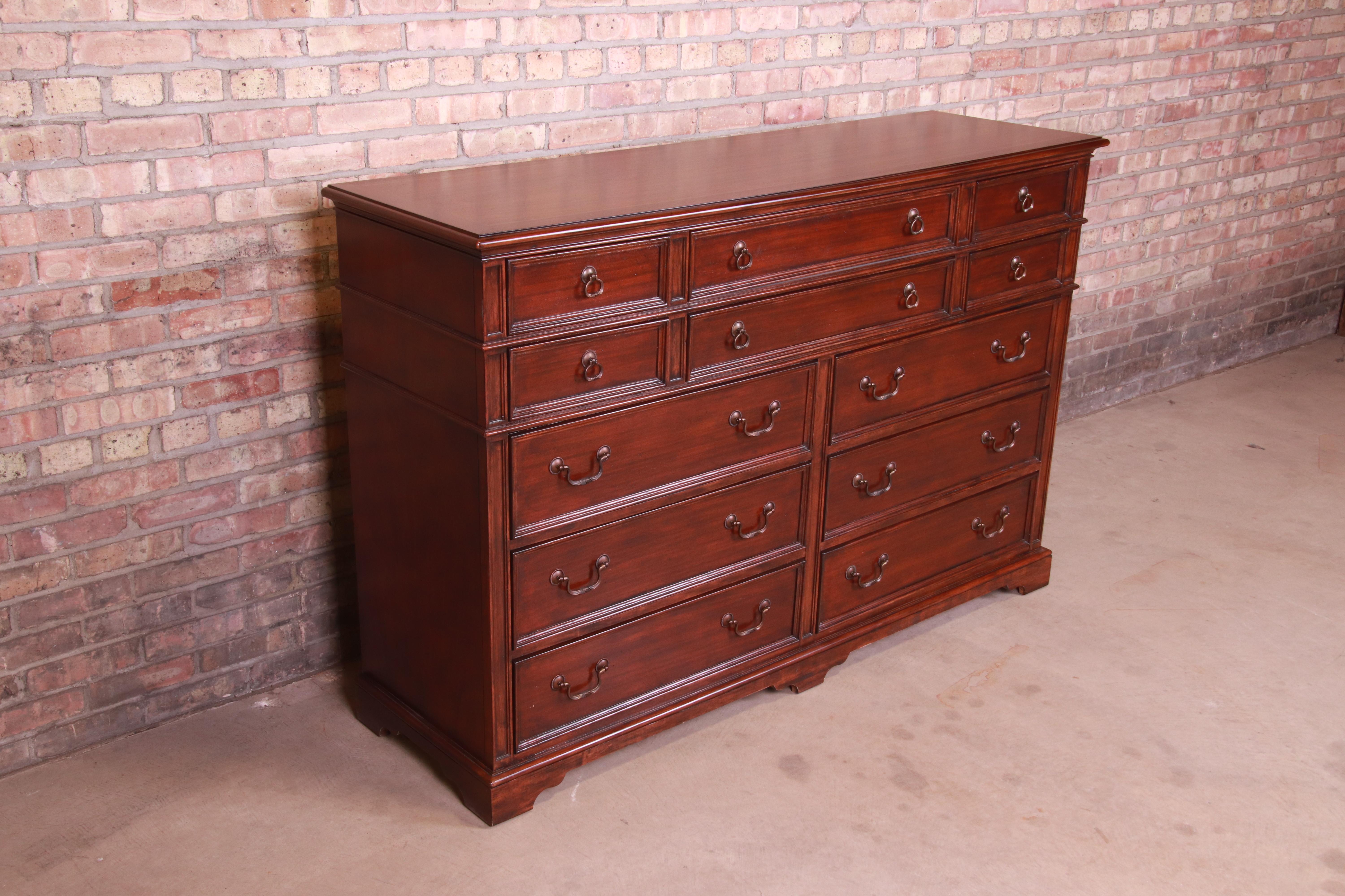 Brass Drexel Heritage American Chippendale Style Mahogany Twelve-Drawer Dresser Chest
