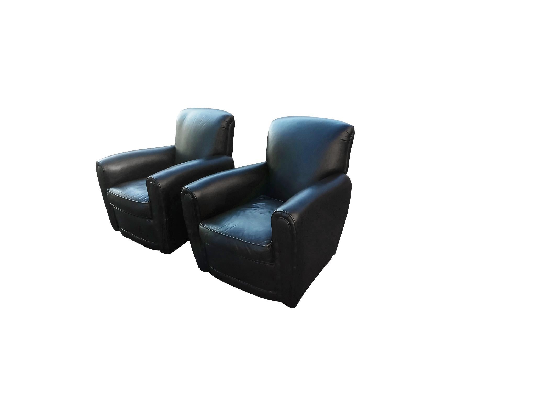 American Drexel Heritage Art Deco Inspired Pair of Black Leather Club or Lounge Chairs For Sale