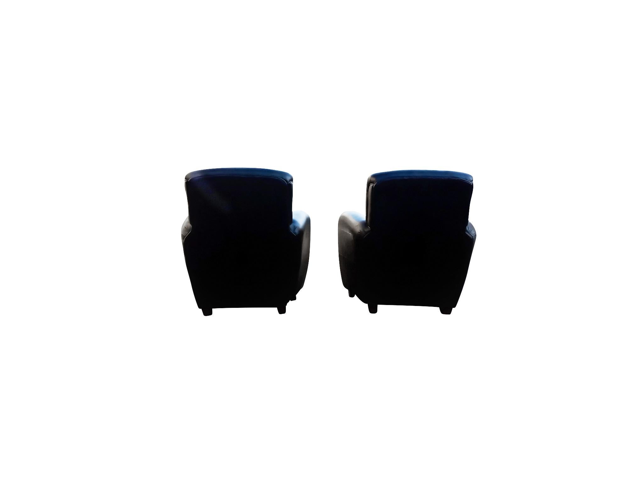 Drexel Heritage Pareja de sillones Club o Lounge de cuero negro inspirados en el Art Decó principios del siglo XX en venta