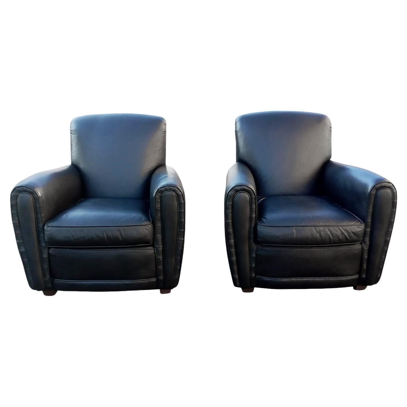 Drexel Heritage Art Deco Inspired Pair of Black Leather Club or Lounge Chairs
