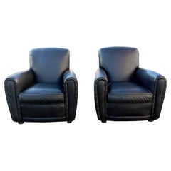 Drexel Heritage Art Deco Inspired Pair of Black Leather Club or Lounge Chairs