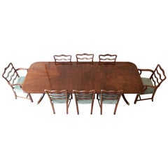 Drexel Heritage Banded Mahogany Pedestal Extension Dining Table and Eight Chairs