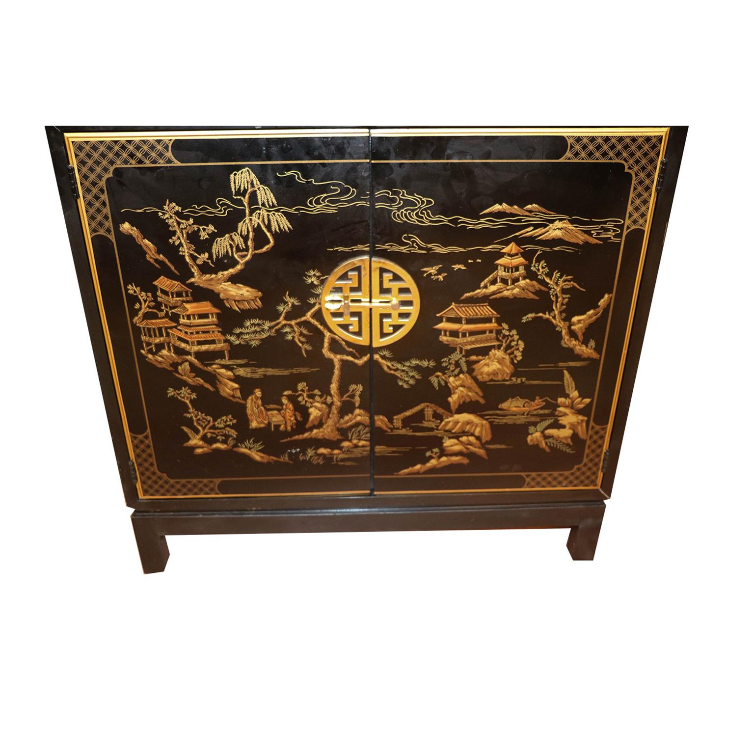 Drexel Heritage Black Lacquer Chinoiserie Style Cabinet 2