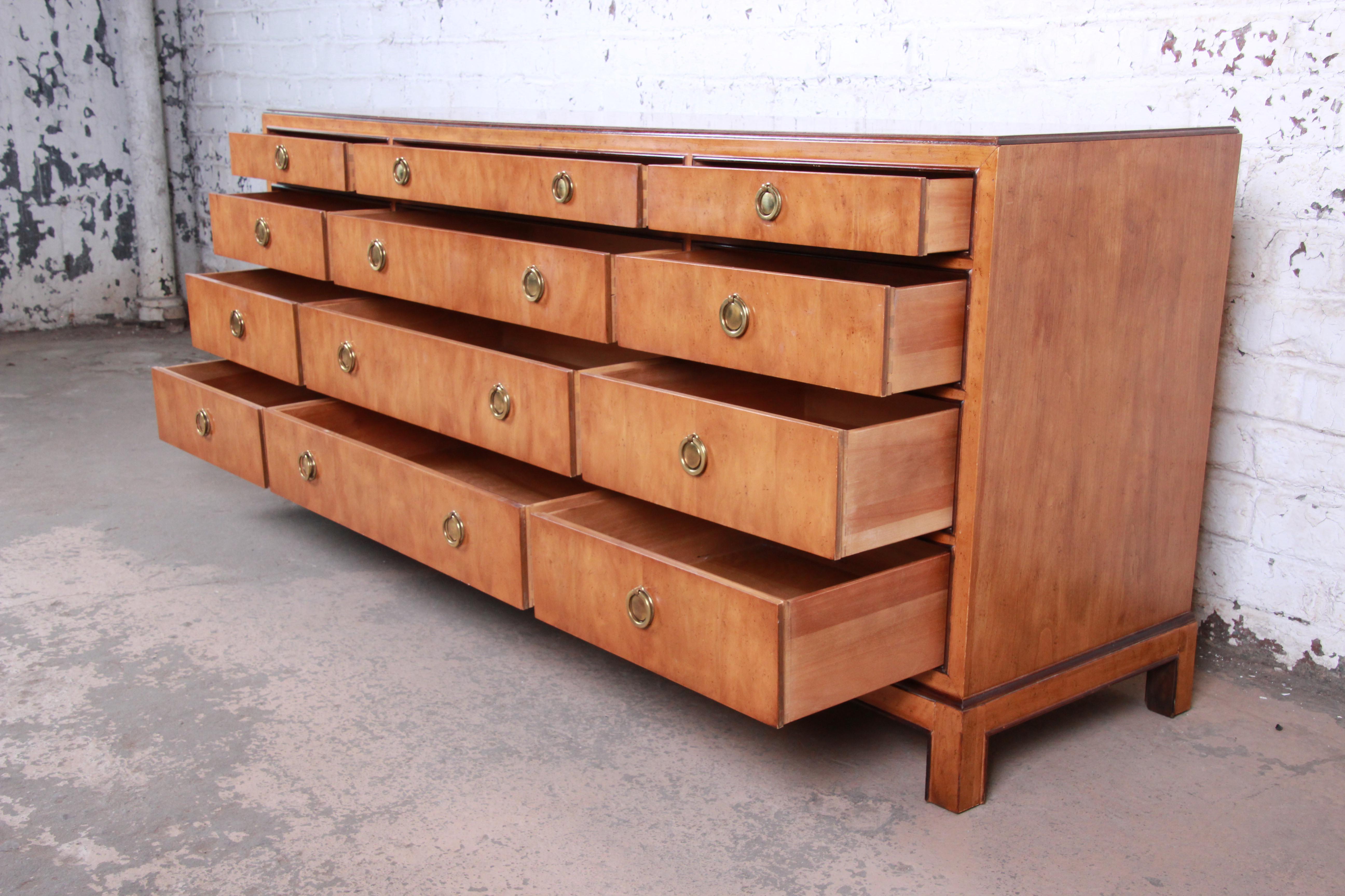 American Drexel Heritage Burl Wood Chinoiserie Twelve-Drawer Dresser or Credenza