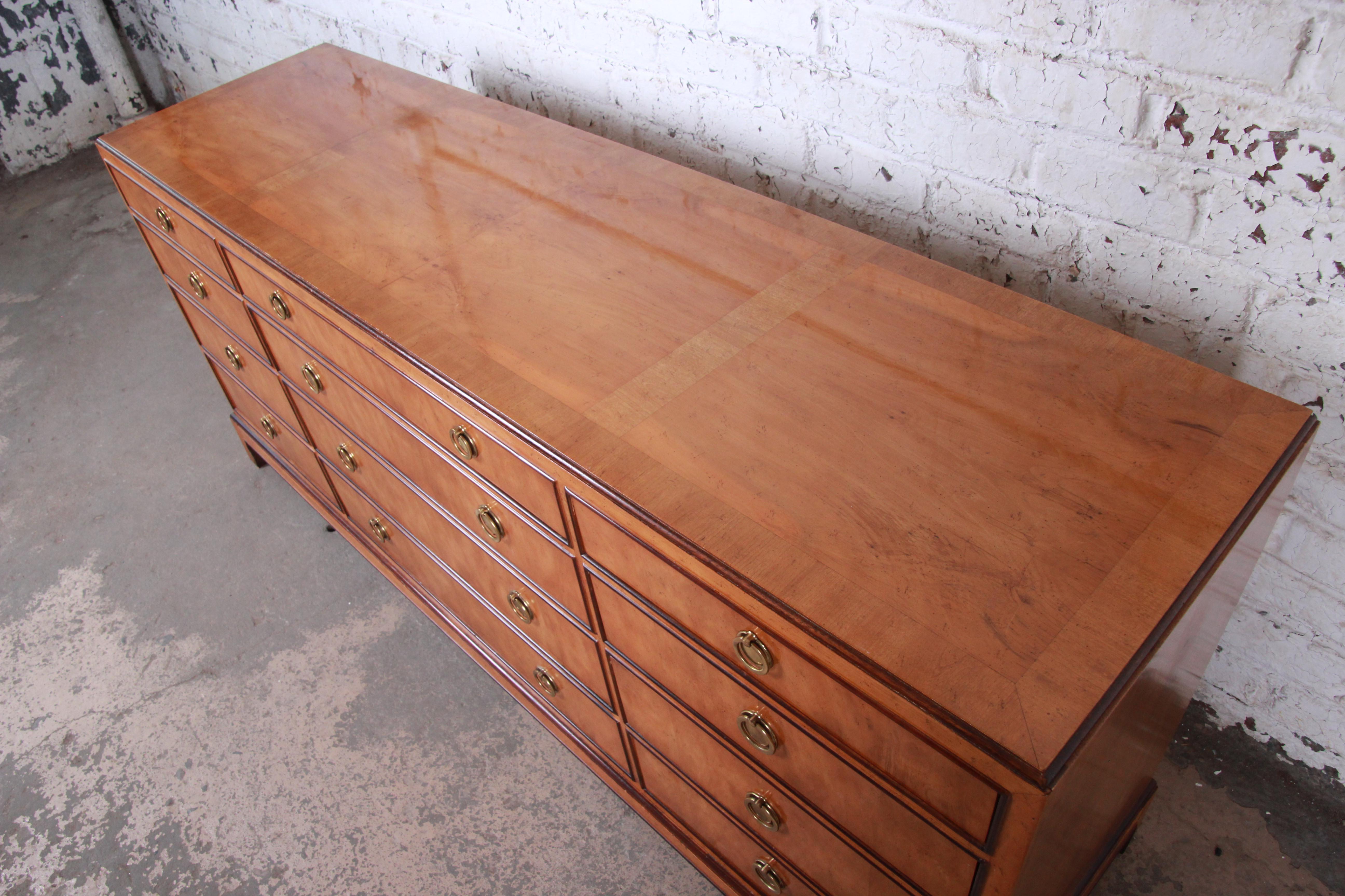 Brass Drexel Heritage Burl Wood Chinoiserie Twelve-Drawer Dresser or Credenza