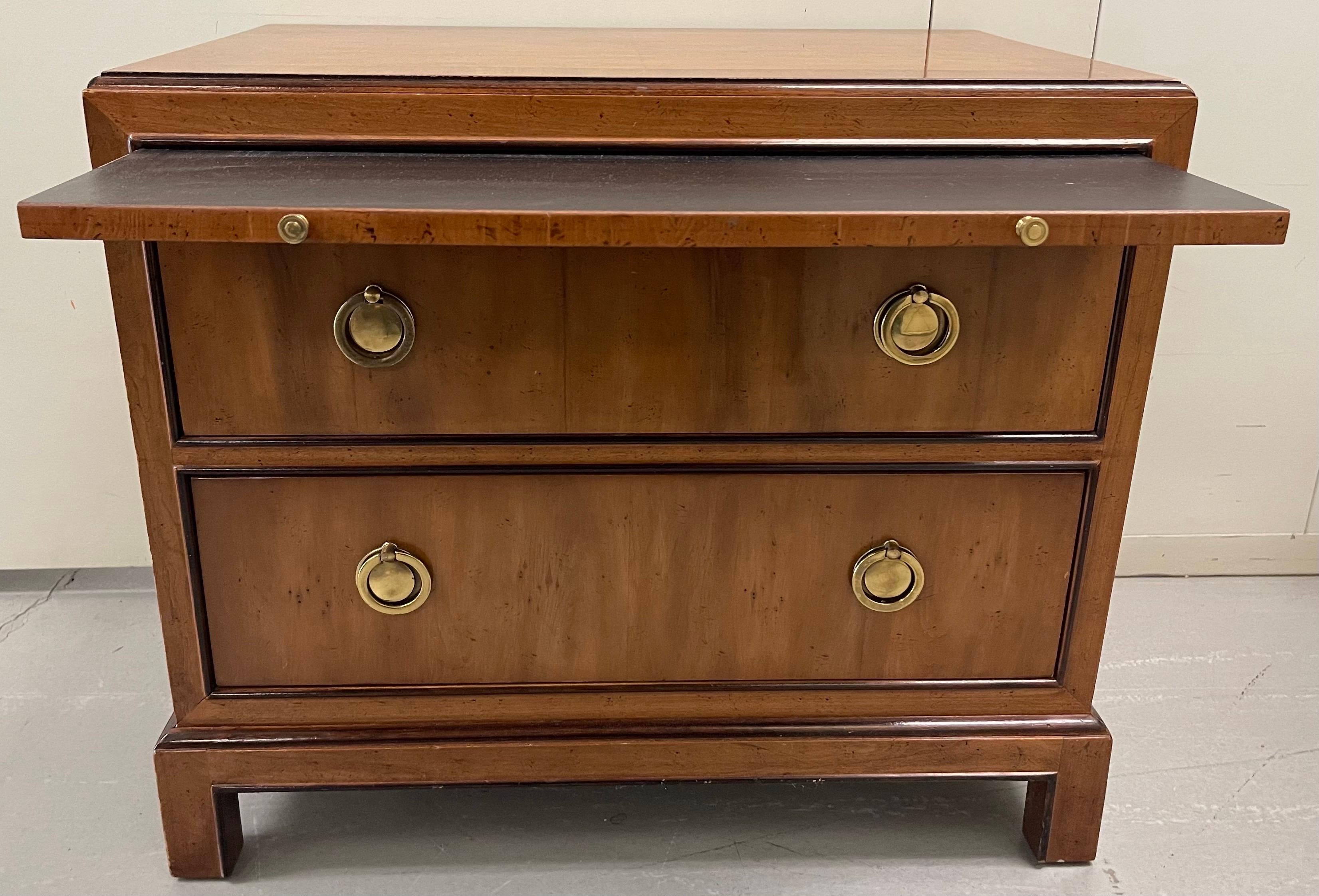 Late 20th Century Drexel Heritage Campaign Style Burlwood Nightstands, Pair For Sale