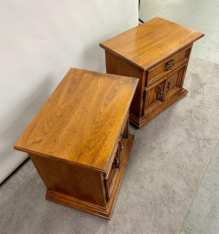 Drexel Heritage Campaign Style Pecan Wood Nightstand or End Table, a Pair For Sale at 1stDibs