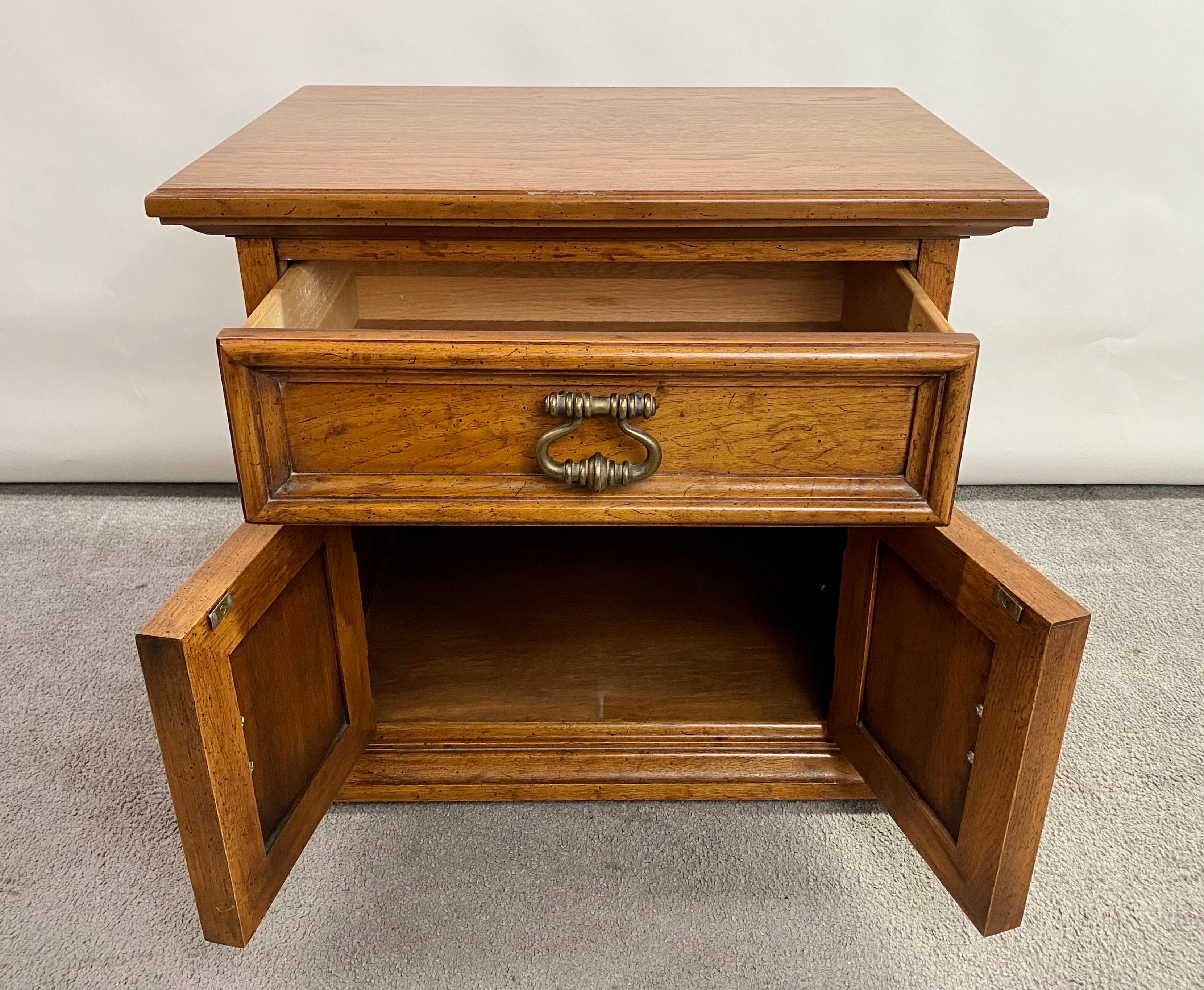 American Drexel Heritage Campaign Style Pecan Wood Nightstand or End Table, a Pair For Sale