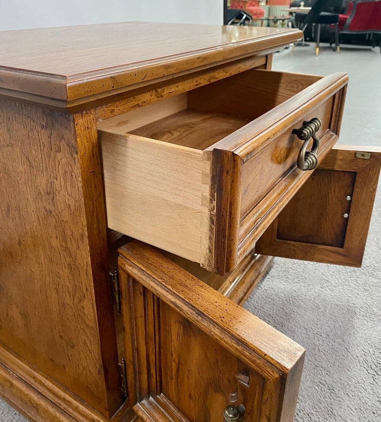 Drexel Heritage Campaign Style Pecan Wood Nightstand or End Table, a