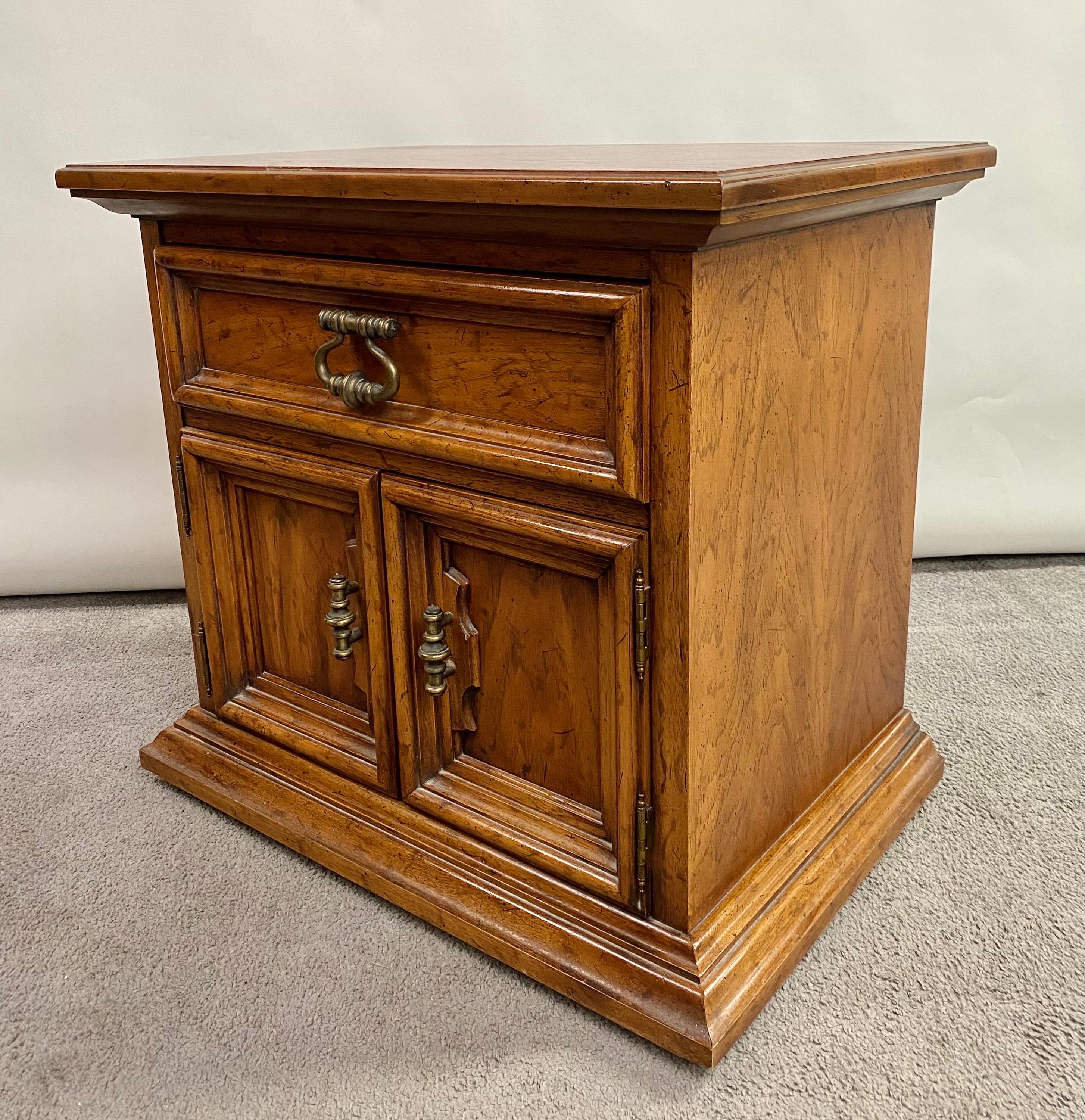 20th Century Drexel Heritage Campaign Style Pecan Wood Nightstand or End Table, a Pair For Sale