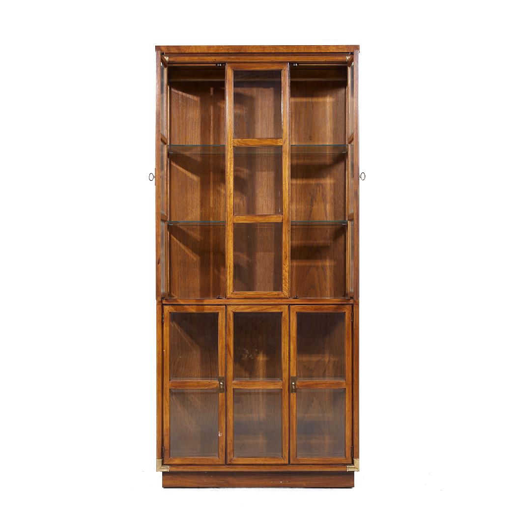 Mid-Century Modern Drexel Heritage Campaign Walnut and Brass China Cabinet For Sale