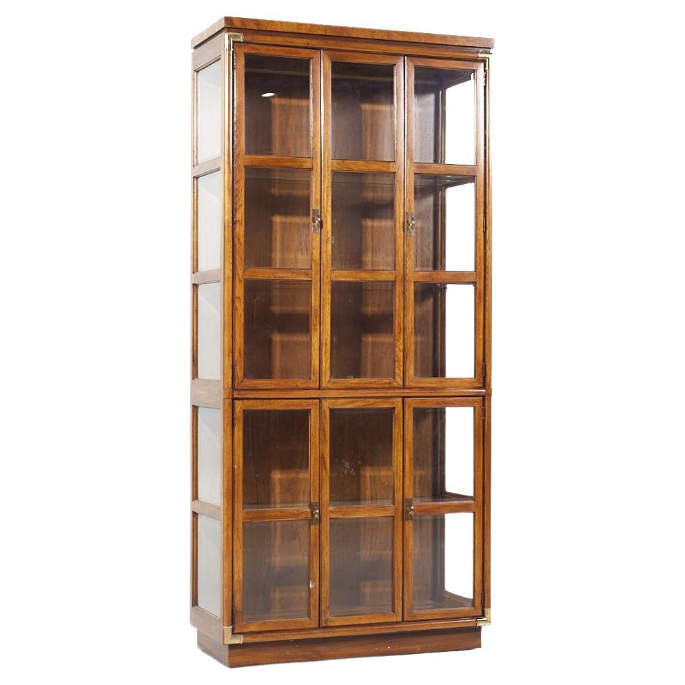 Drexel Heritage Campaign Walnut and Brass China Cabinet For Sale