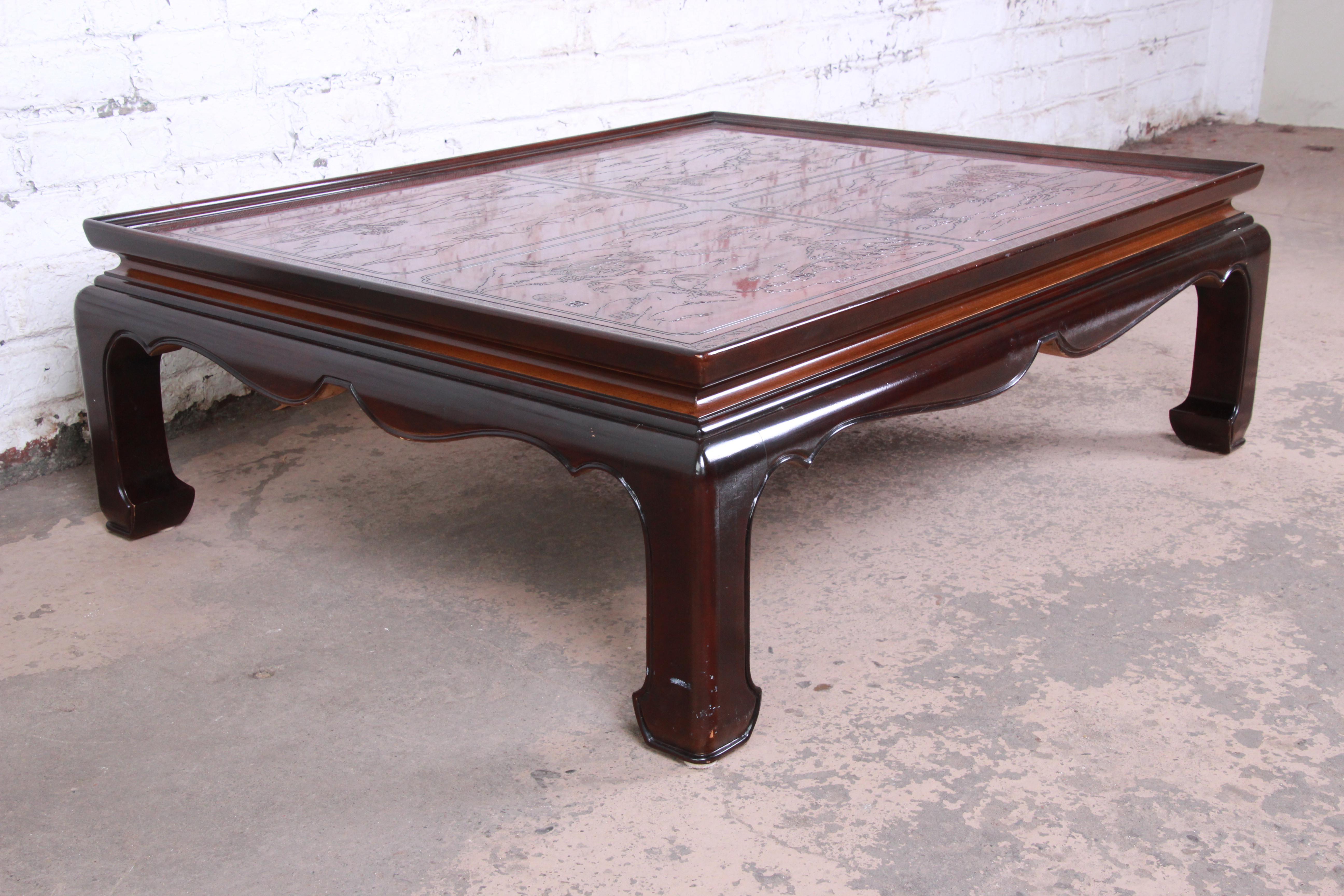 Drexel Heritage Carved Mahogany Hollywood Regency Chinoiserie Cocktail Table In Good Condition In South Bend, IN