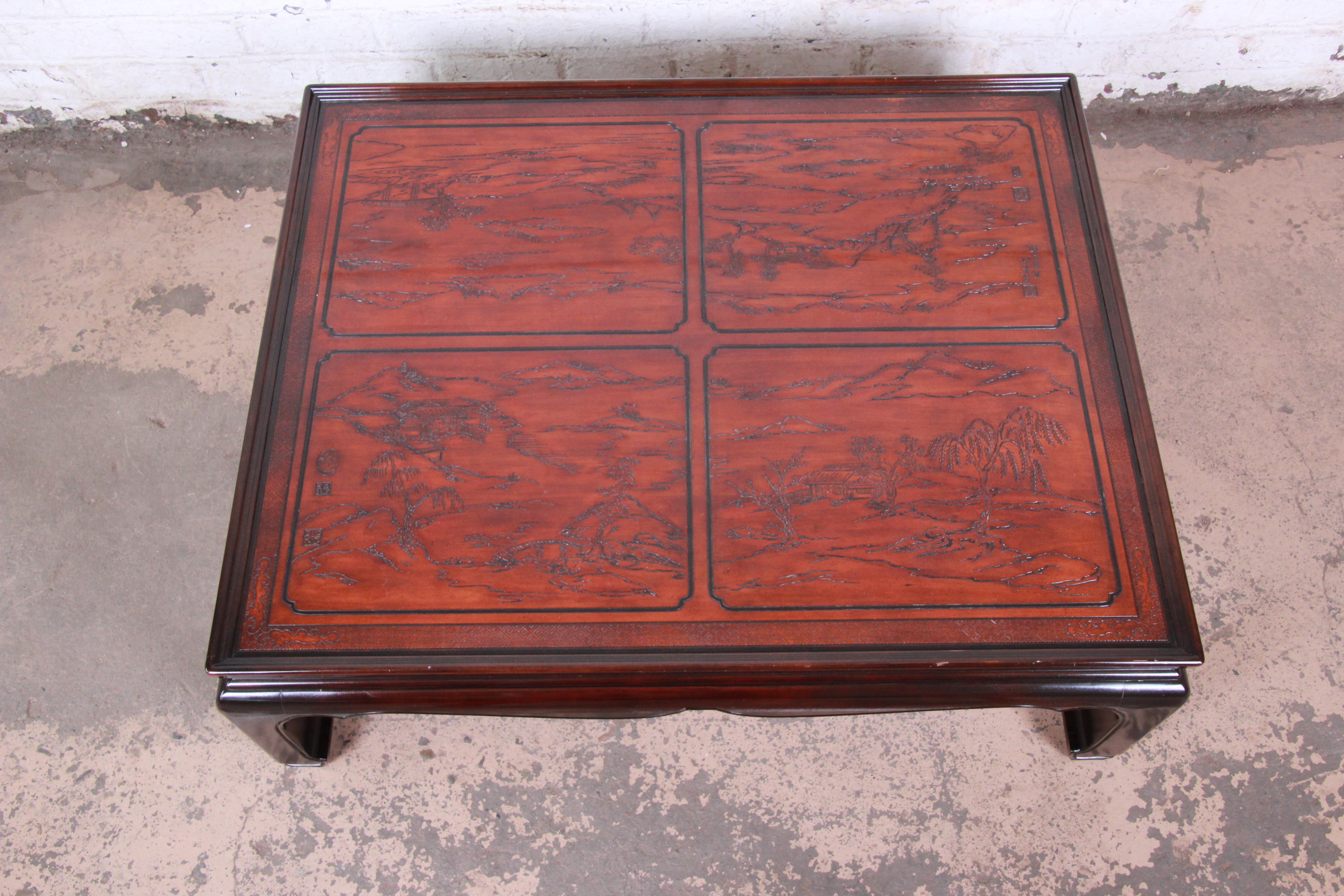 Late 20th Century Drexel Heritage Carved Mahogany Hollywood Regency Chinoiserie Cocktail Table