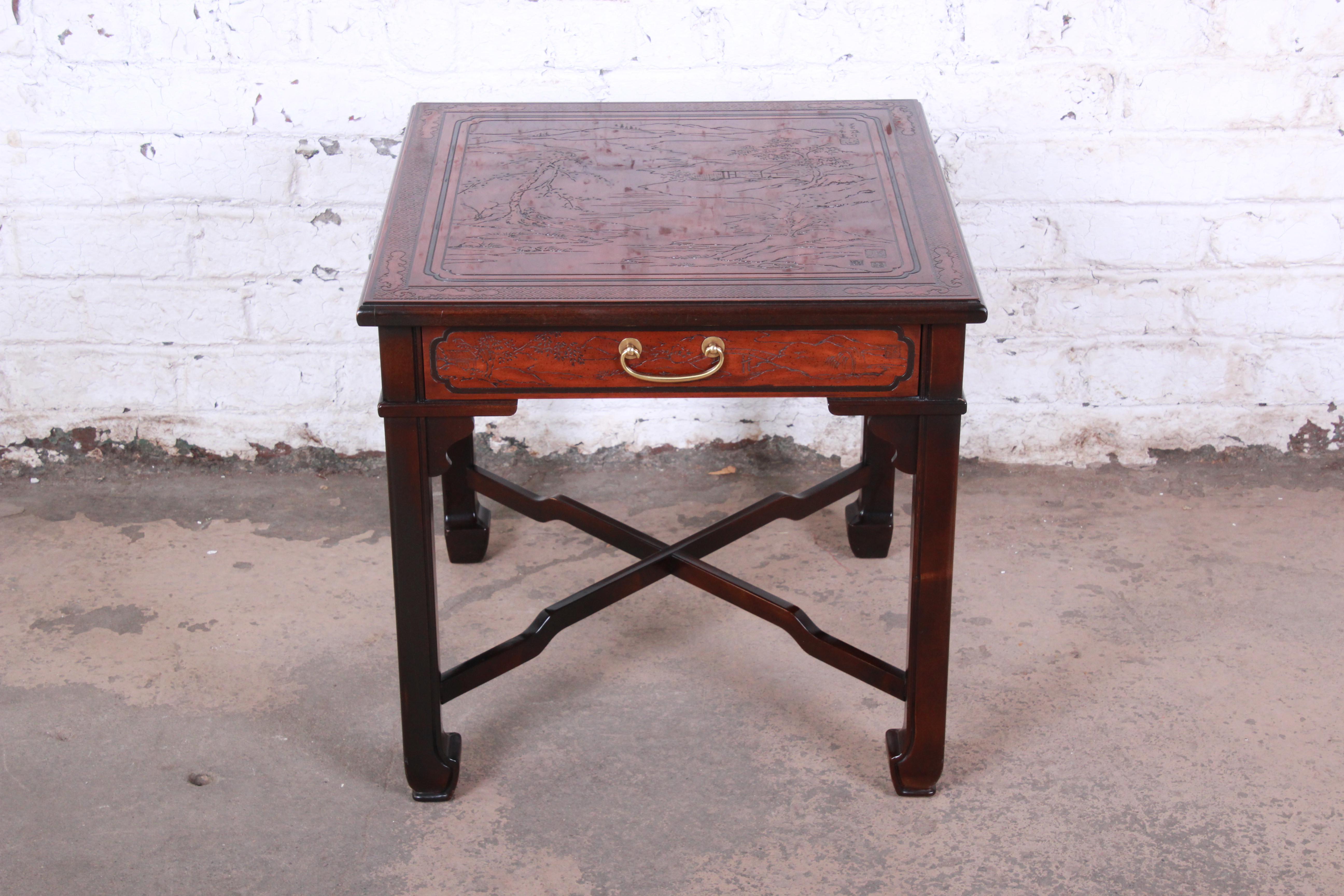 American Drexel Heritage Carved Mahogany Hollywood Regency Chinoiserie X-Base Side Table