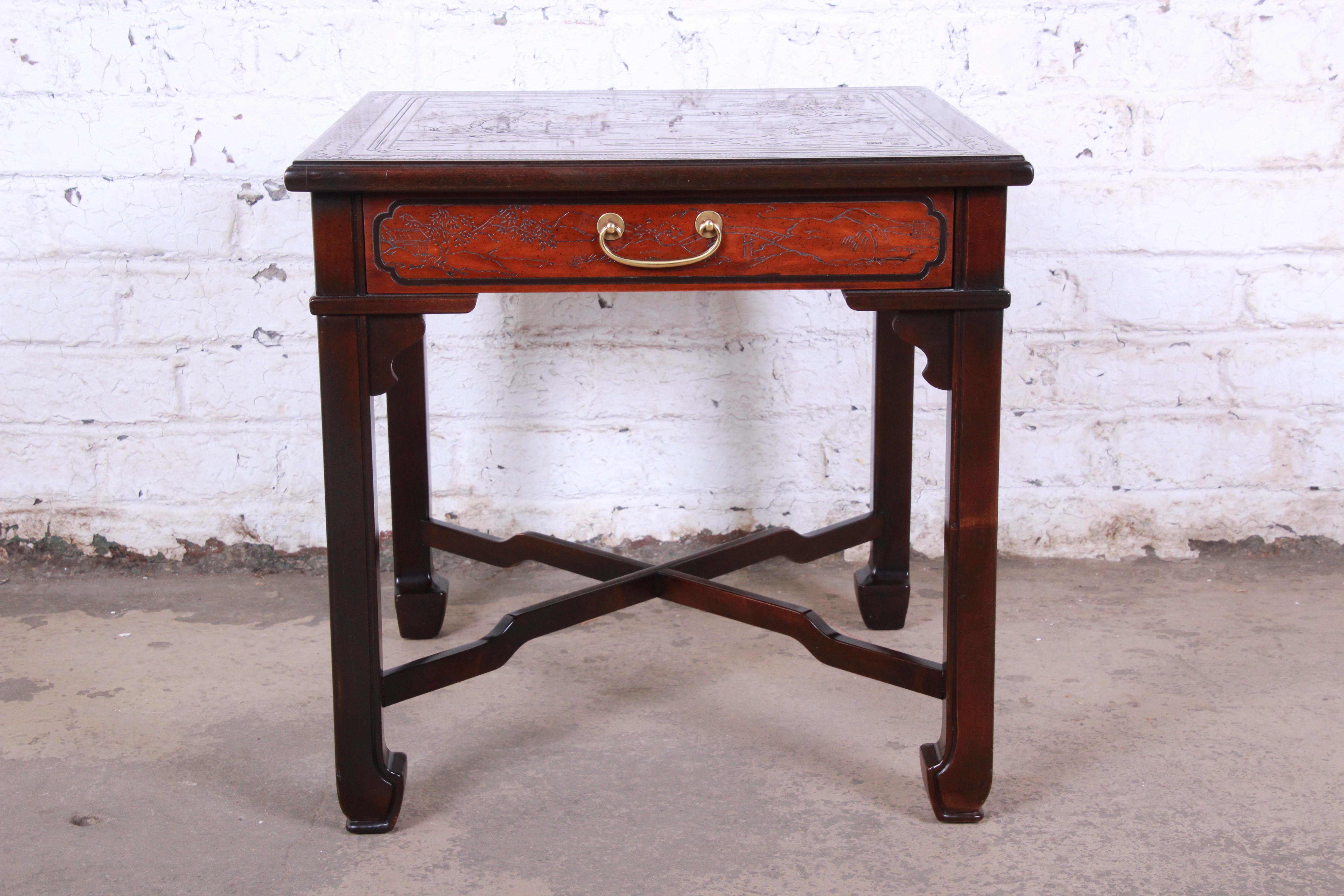 Drexel Heritage Carved Mahogany Hollywood Regency Chinoiserie X-Base Side Table In Good Condition In South Bend, IN