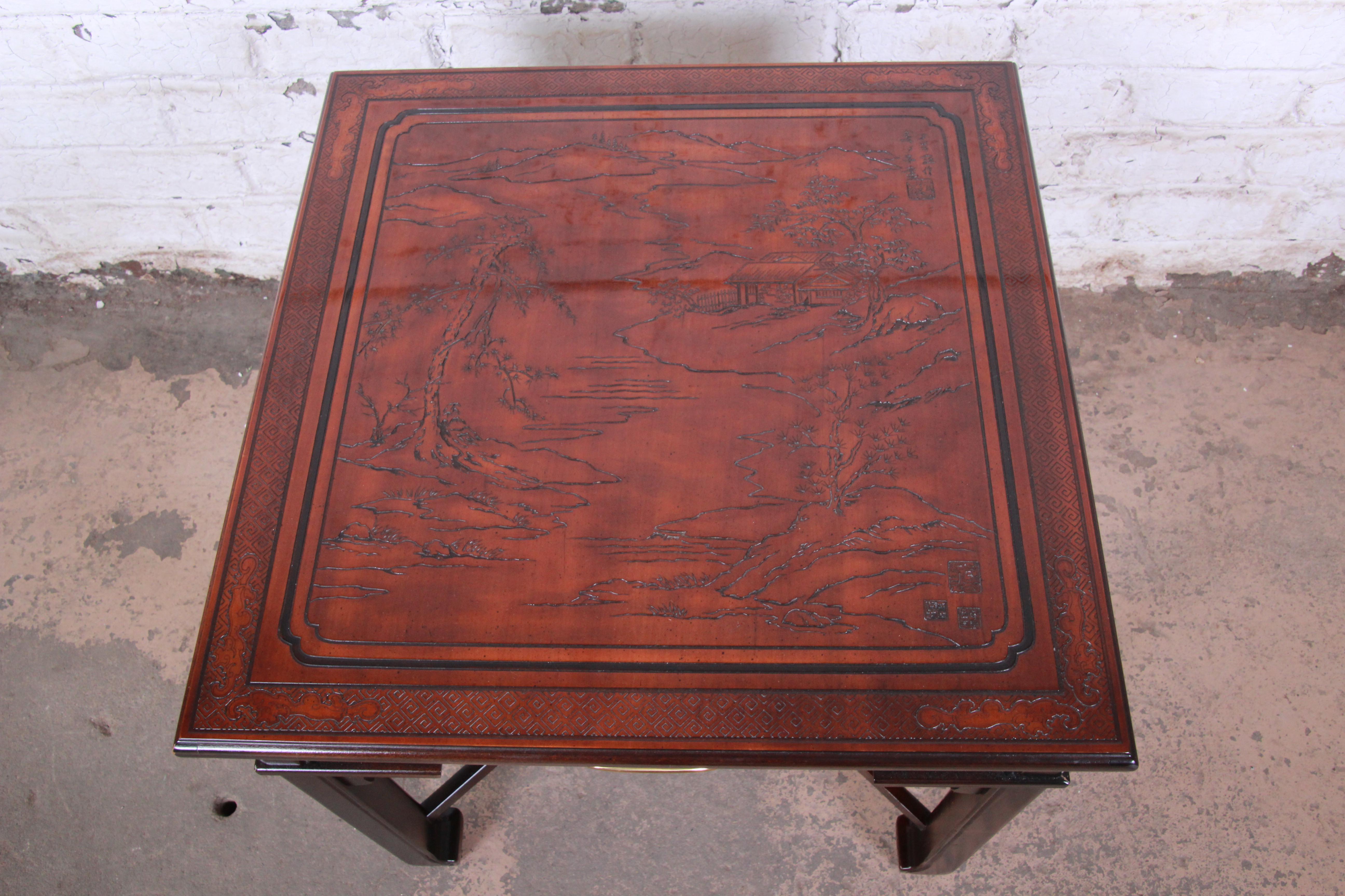 Late 20th Century Drexel Heritage Carved Mahogany Hollywood Regency Chinoiserie X-Base Side Table