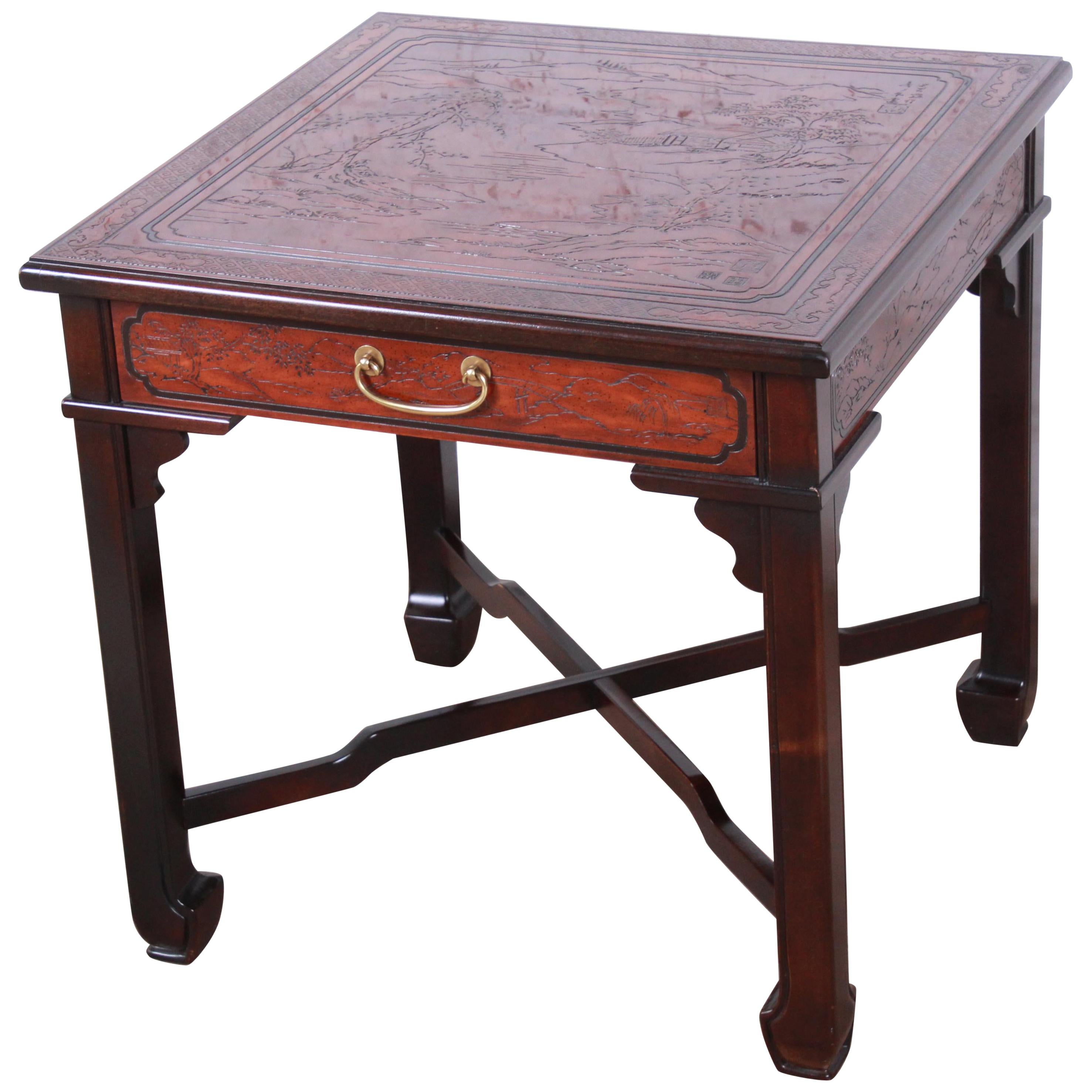 Drexel Heritage Carved Mahogany Hollywood Regency Chinoiserie X-Base Side Table