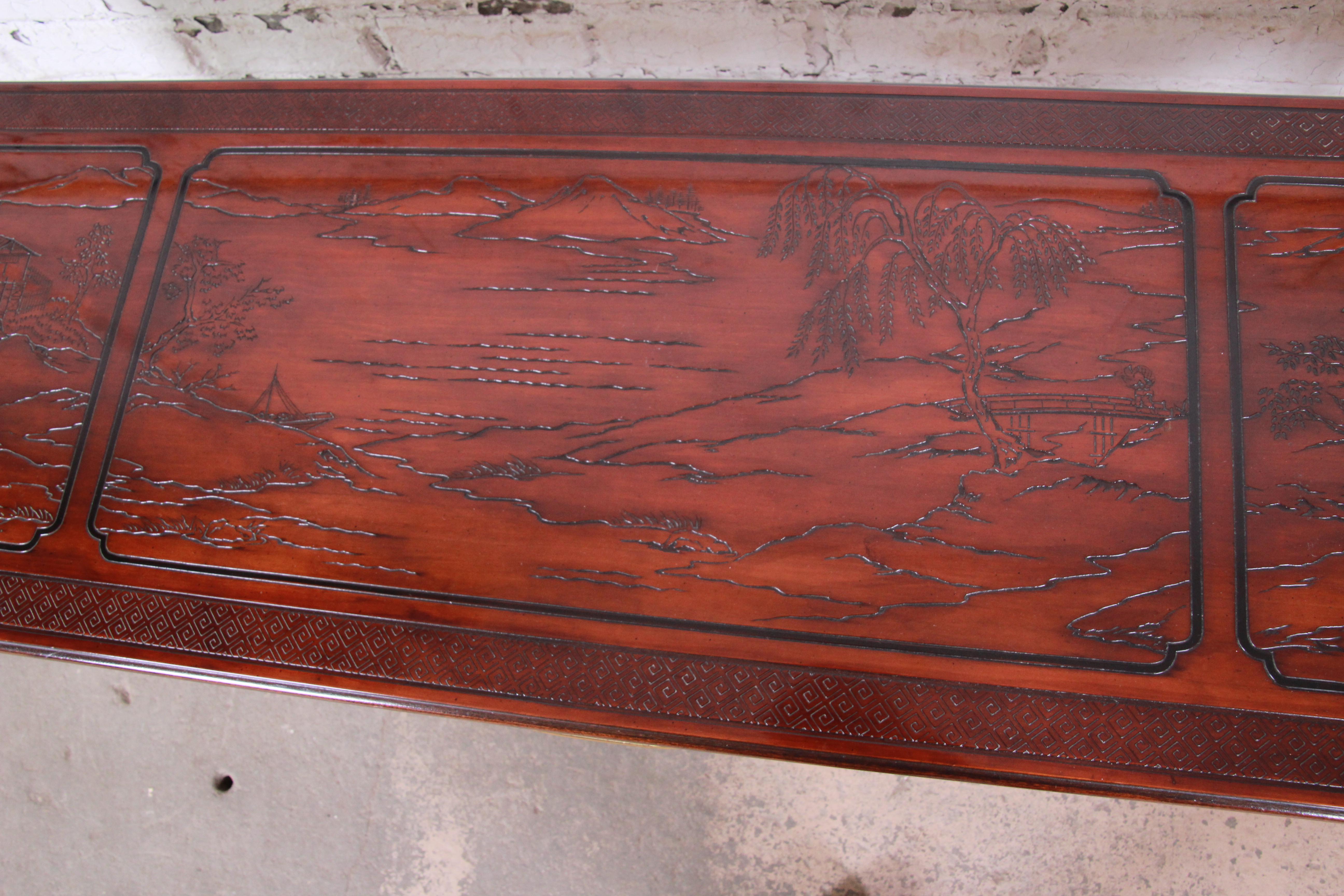 Chinoiserie Drexel Heritage Carved Mahogany Hollywood Regency Console or Sofa Table