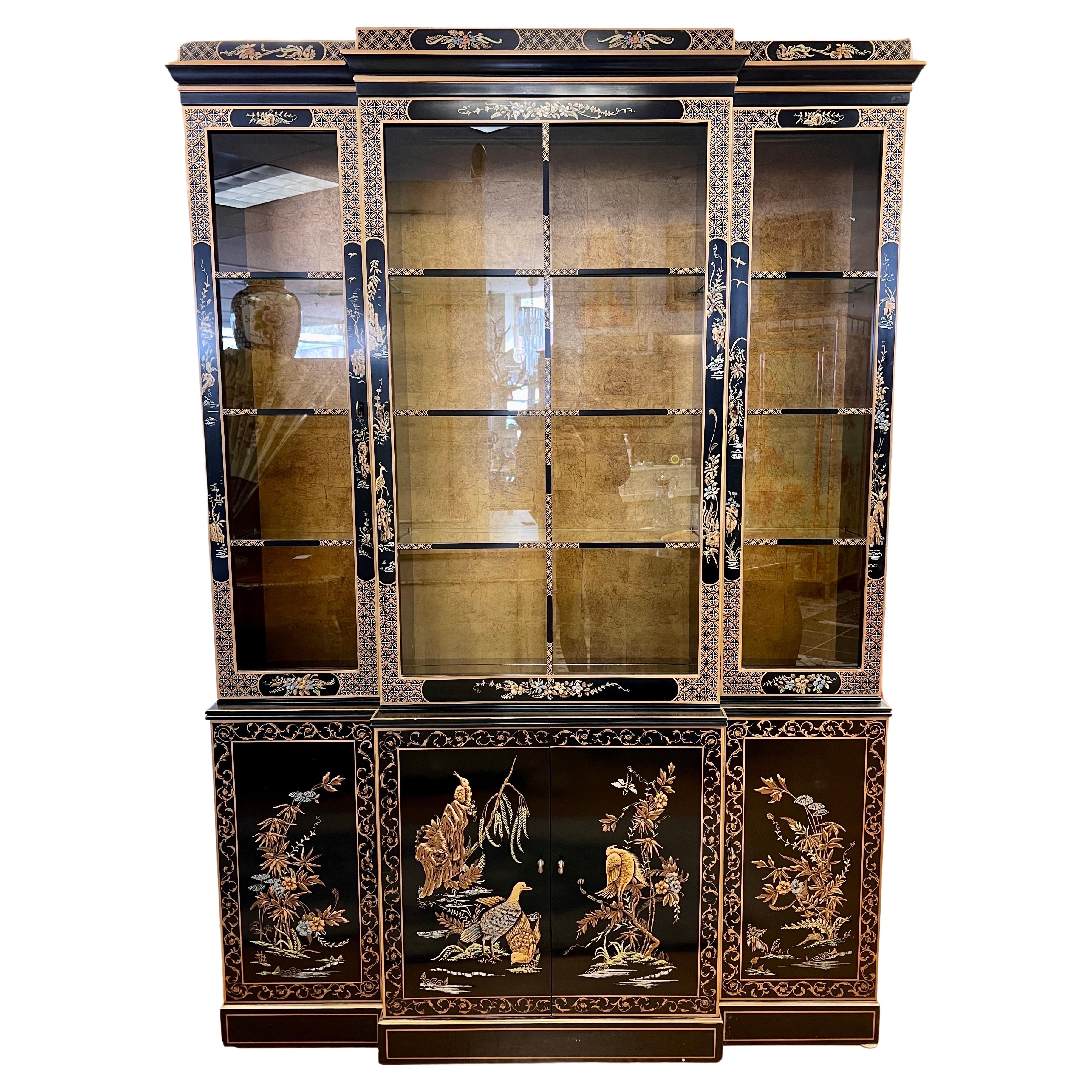 Drexel Heritage Chinoiserie Black Lacquer Breakfront China Cabinet Sideboard