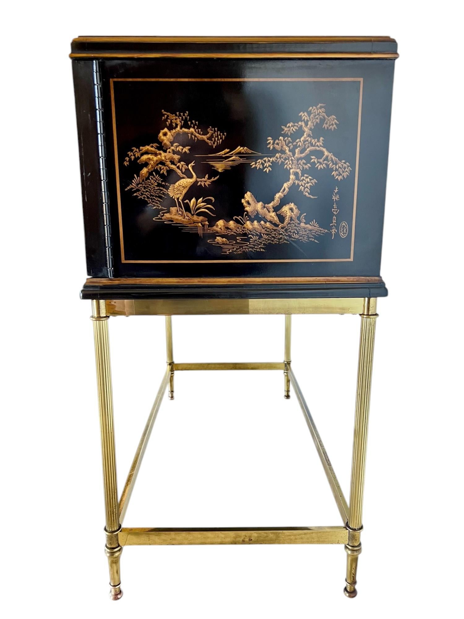 American Drexel Heritage Chinoiserie Black Lacquer Cabinet on Brass Stand