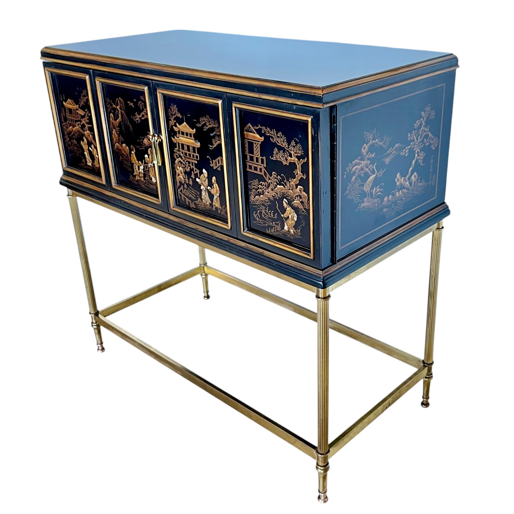 Lacquered Drexel Heritage Chinoiserie Black Lacquer Cabinet on Brass Stand