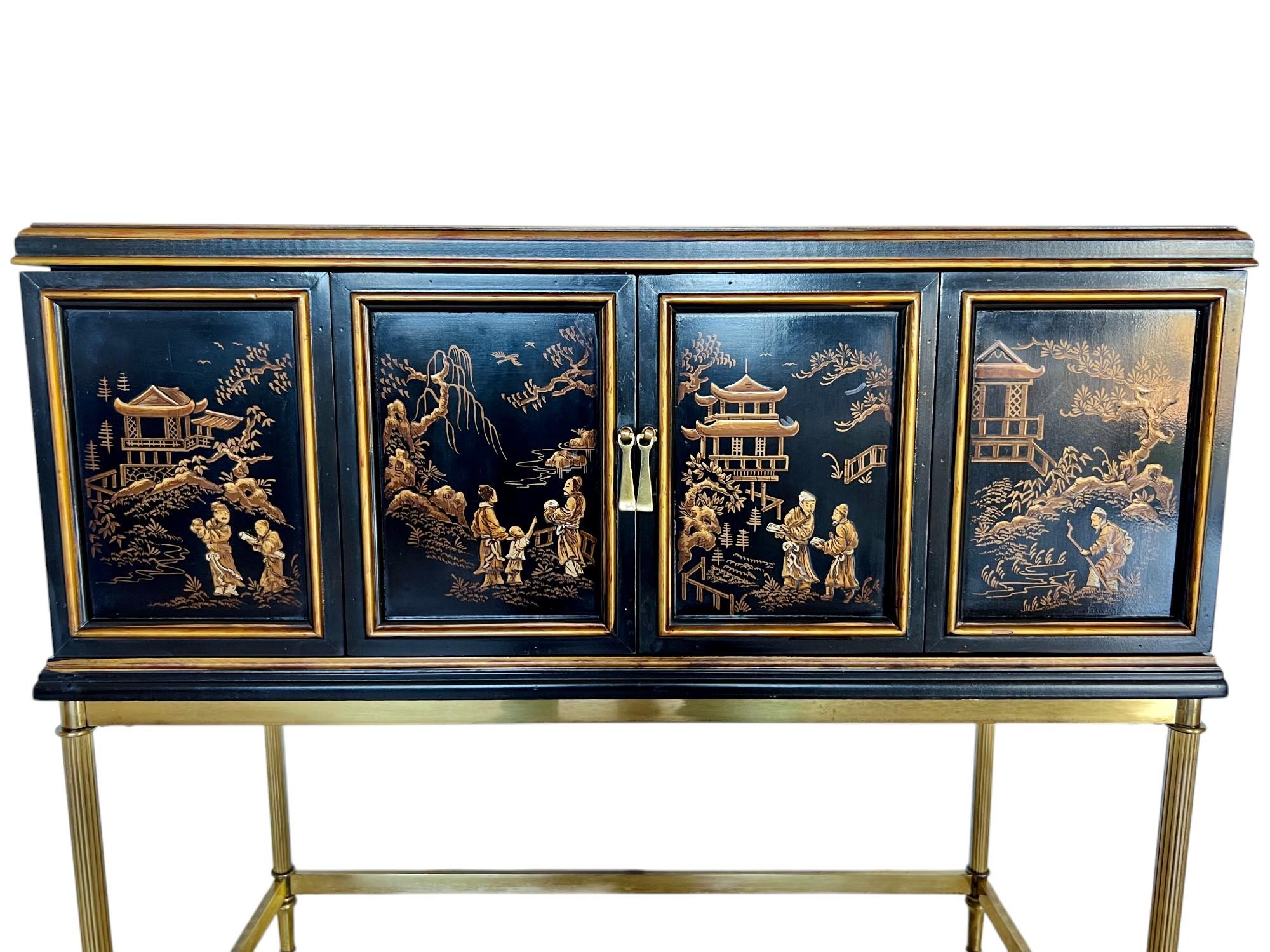 Drexel Heritage Chinoiserie Black Lacquer Cabinet on Brass Stand In Good Condition In Harlingen, TX