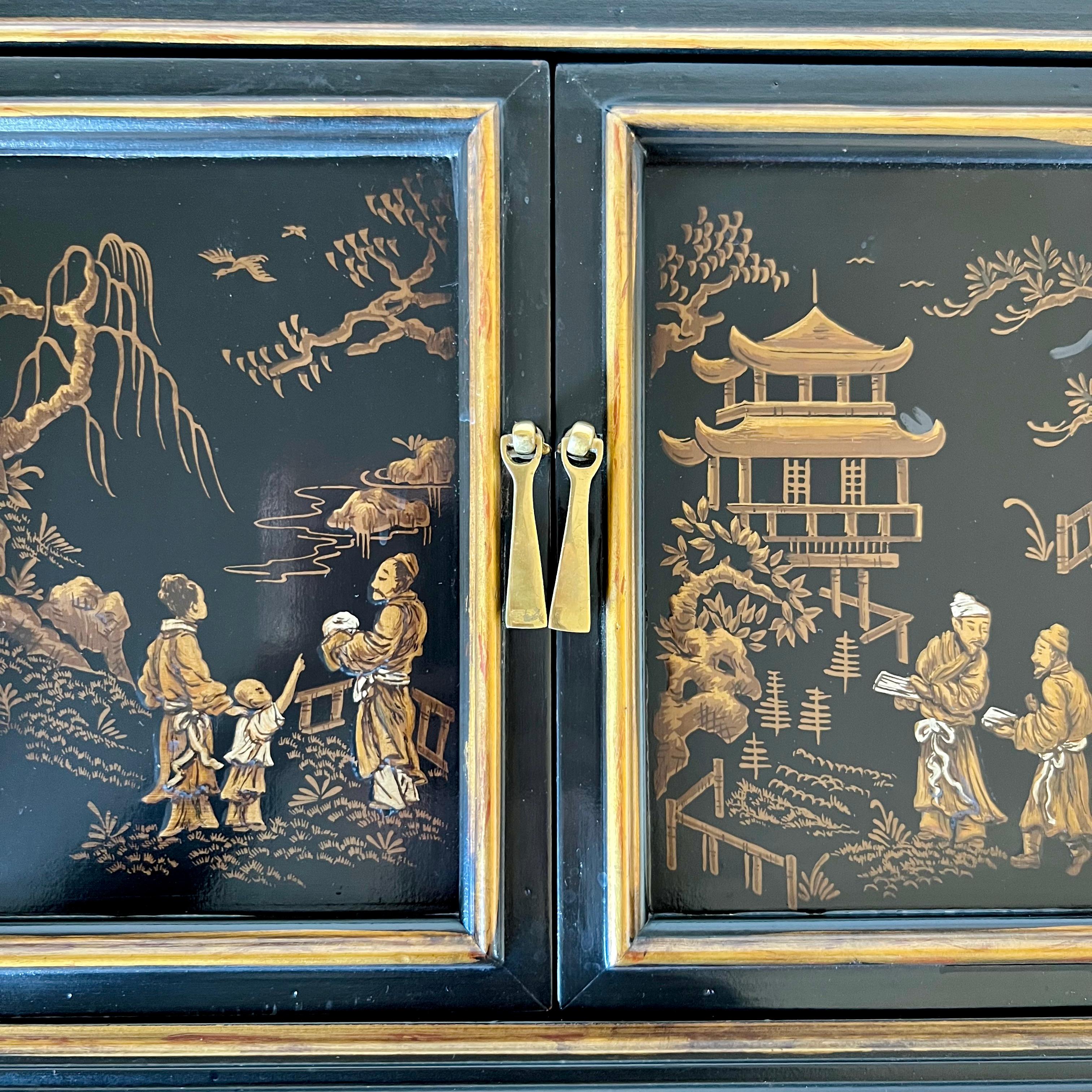 20th Century Drexel Heritage Chinoiserie Black Lacquer Cabinet on Brass Stand